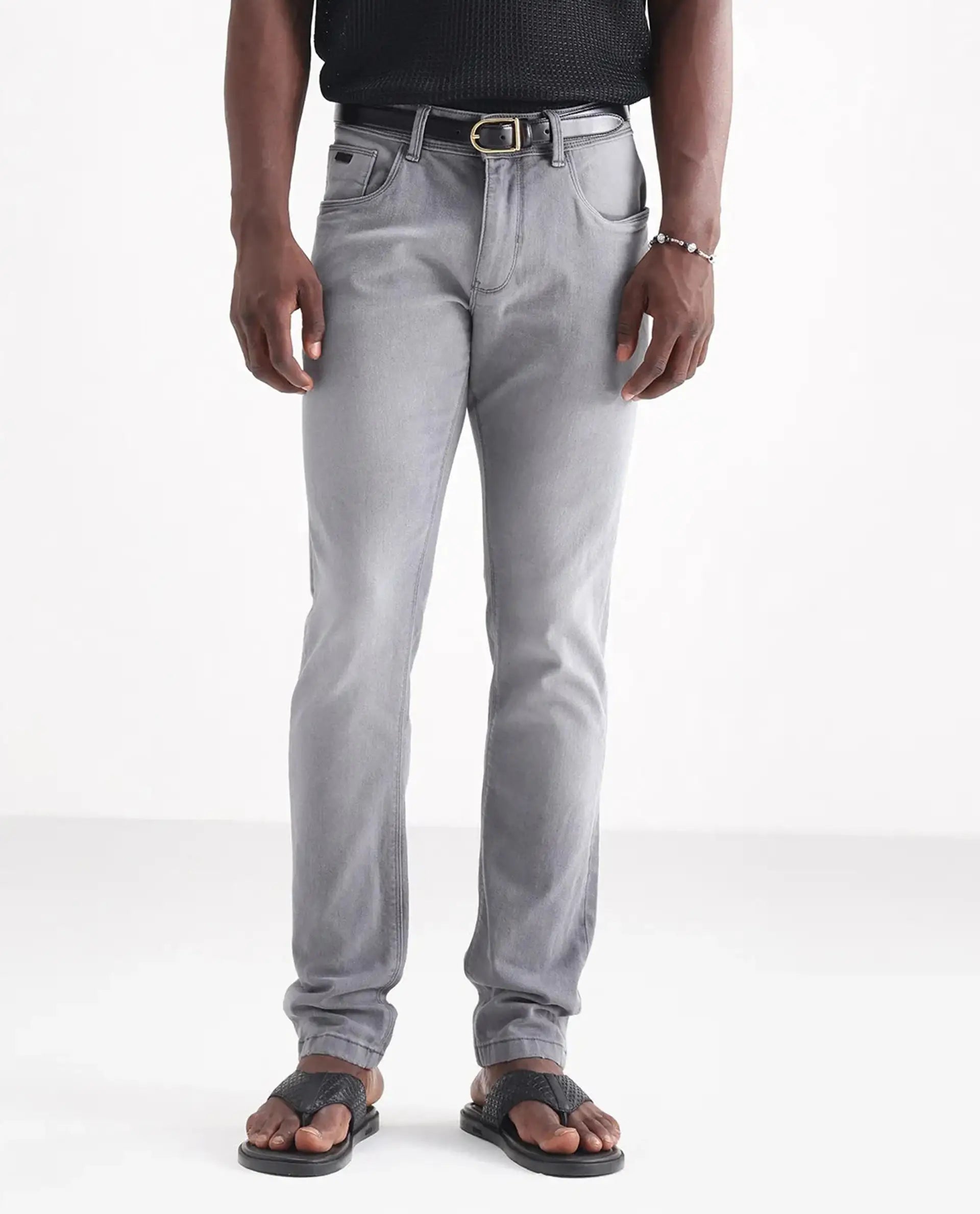 Rare Rabbit Men's Toulouse Light Grey Cotton Plain Hawk Slim Fit Jeans