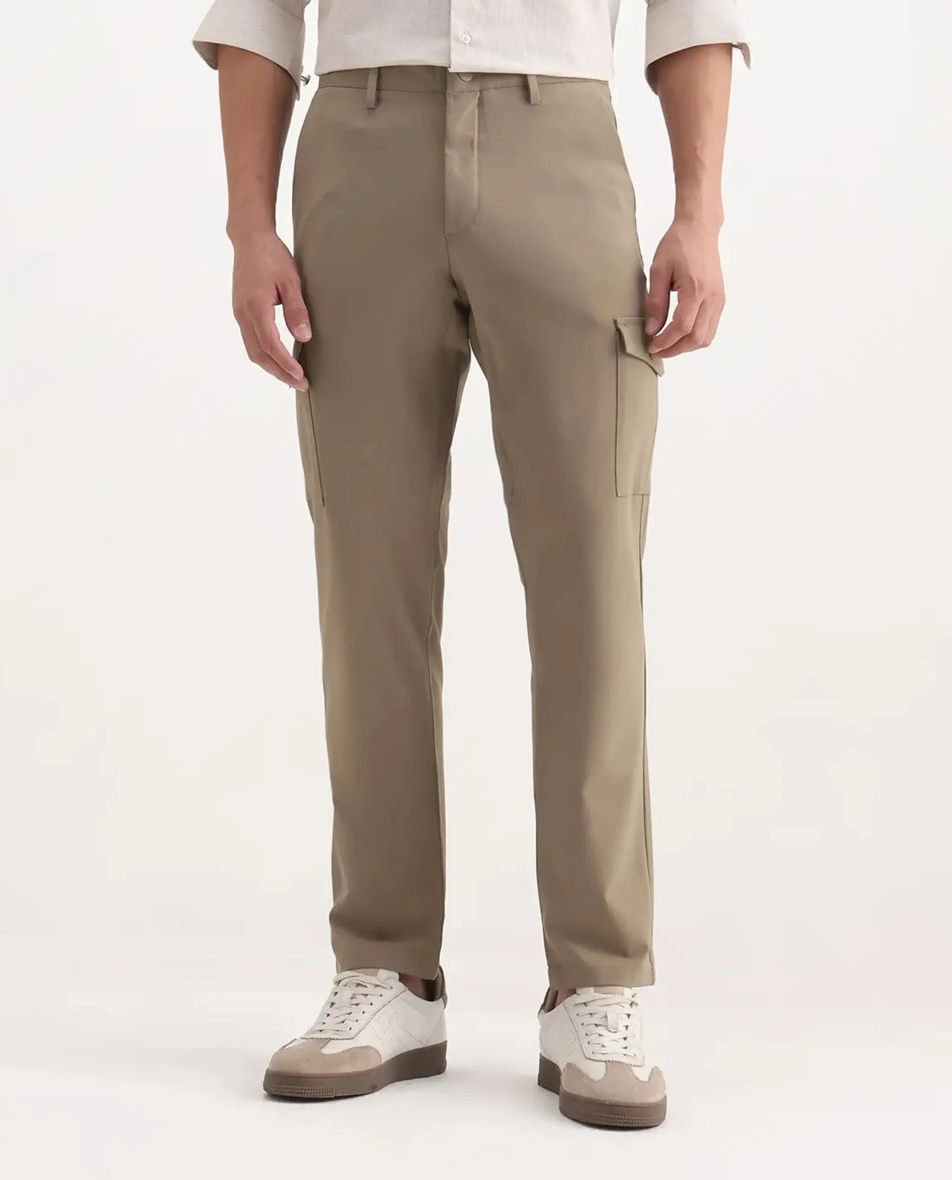 Rare Rabbit Men's Traco Dark Beige Polyester Blend Plain Regular Fit Trouser