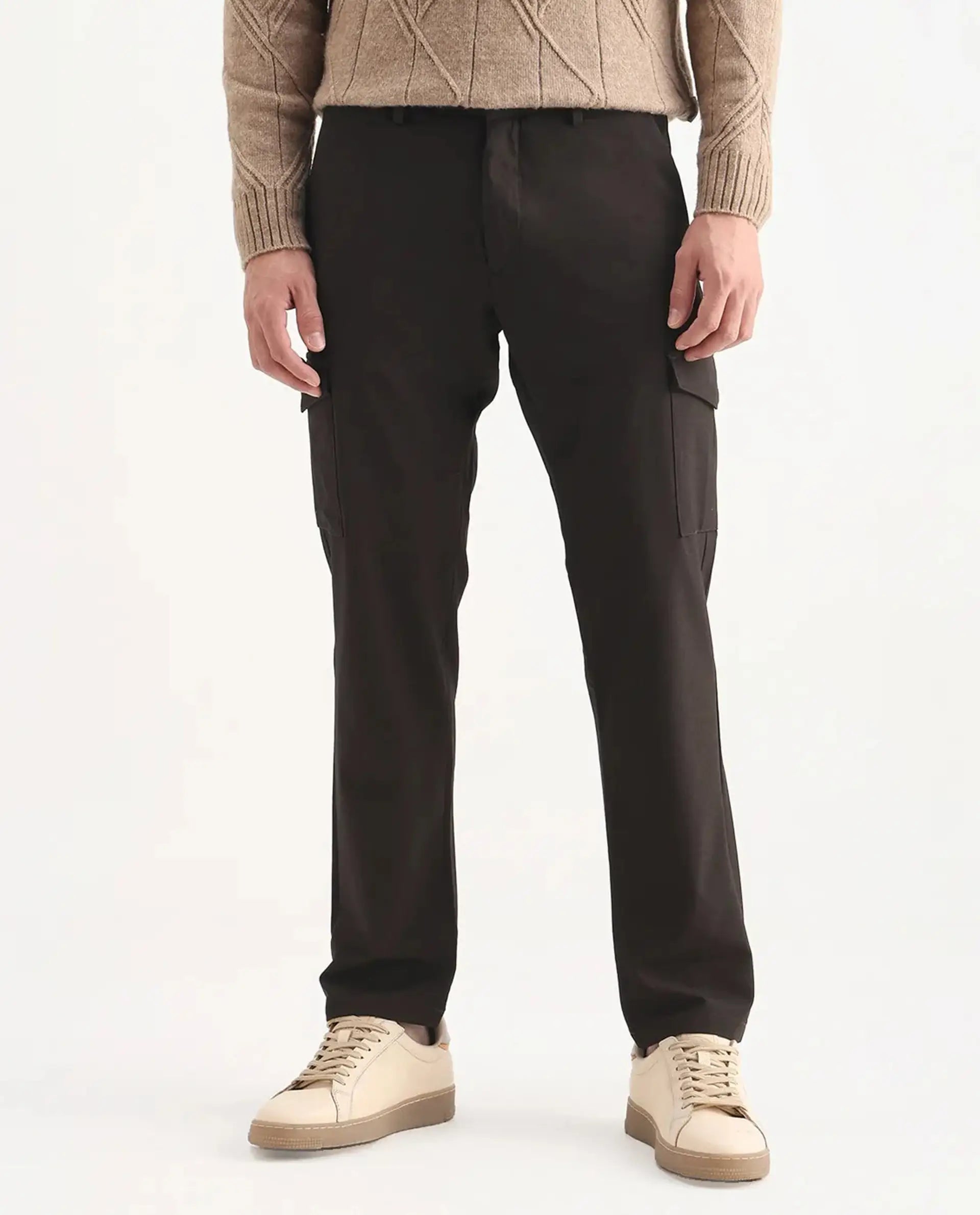 Rare Rabbit Men's Traco Dark Brown Polyester Blend Plain Regular Fit Trouser
