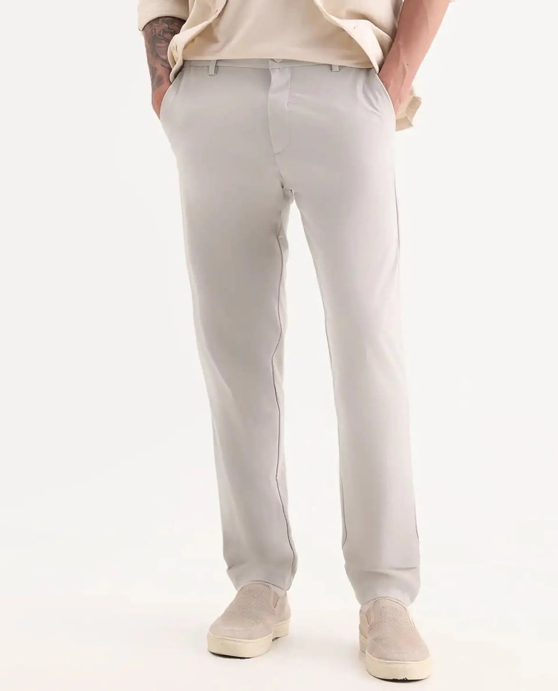 Rare Rabbit Men's Travel-11 Light Beige Polyester Blend Plain Regular Fit Trouser