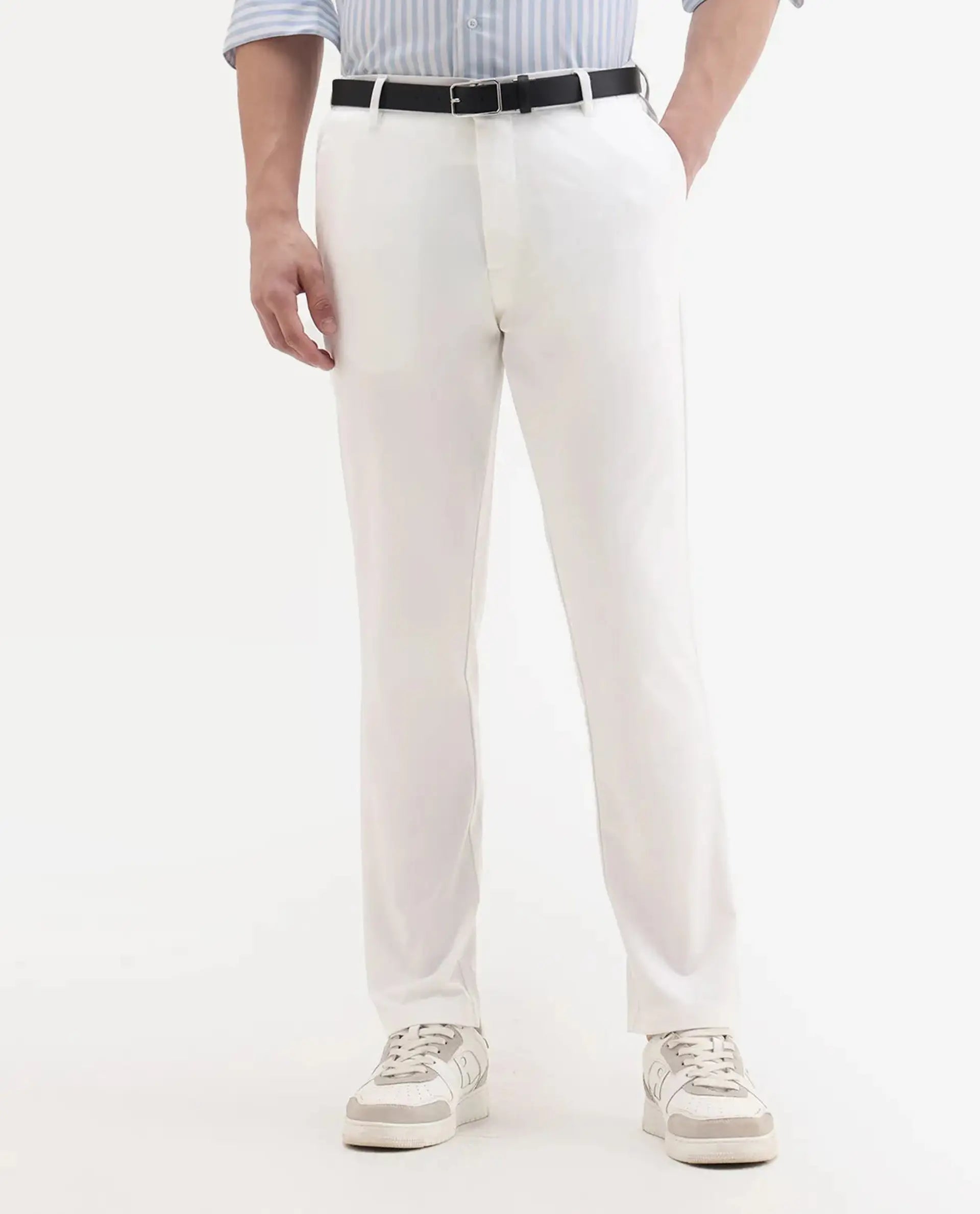 Rare Rabbit Men's Travel-11 White Polyester Blend Plain Regular Fit Trouser