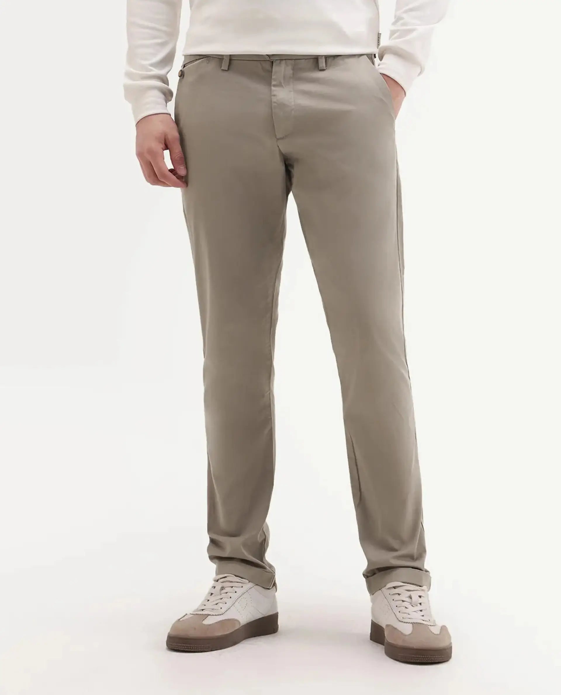 Rare Rabbit Men's Travel-24 Dark Beige Poly Viscose Lycra Fabric Blend Regular Fit Solid Trousers