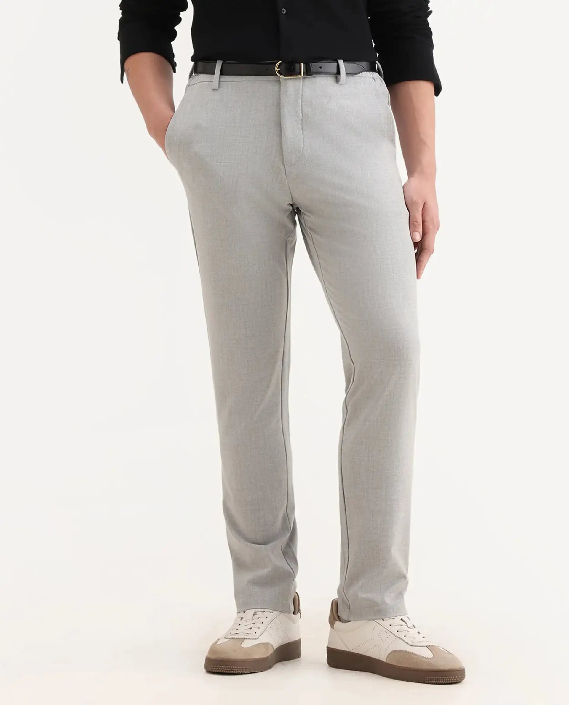 Rare Rabbit Men's Travel-26R Grey Polyester Blend Plain Regular Fit Trouser