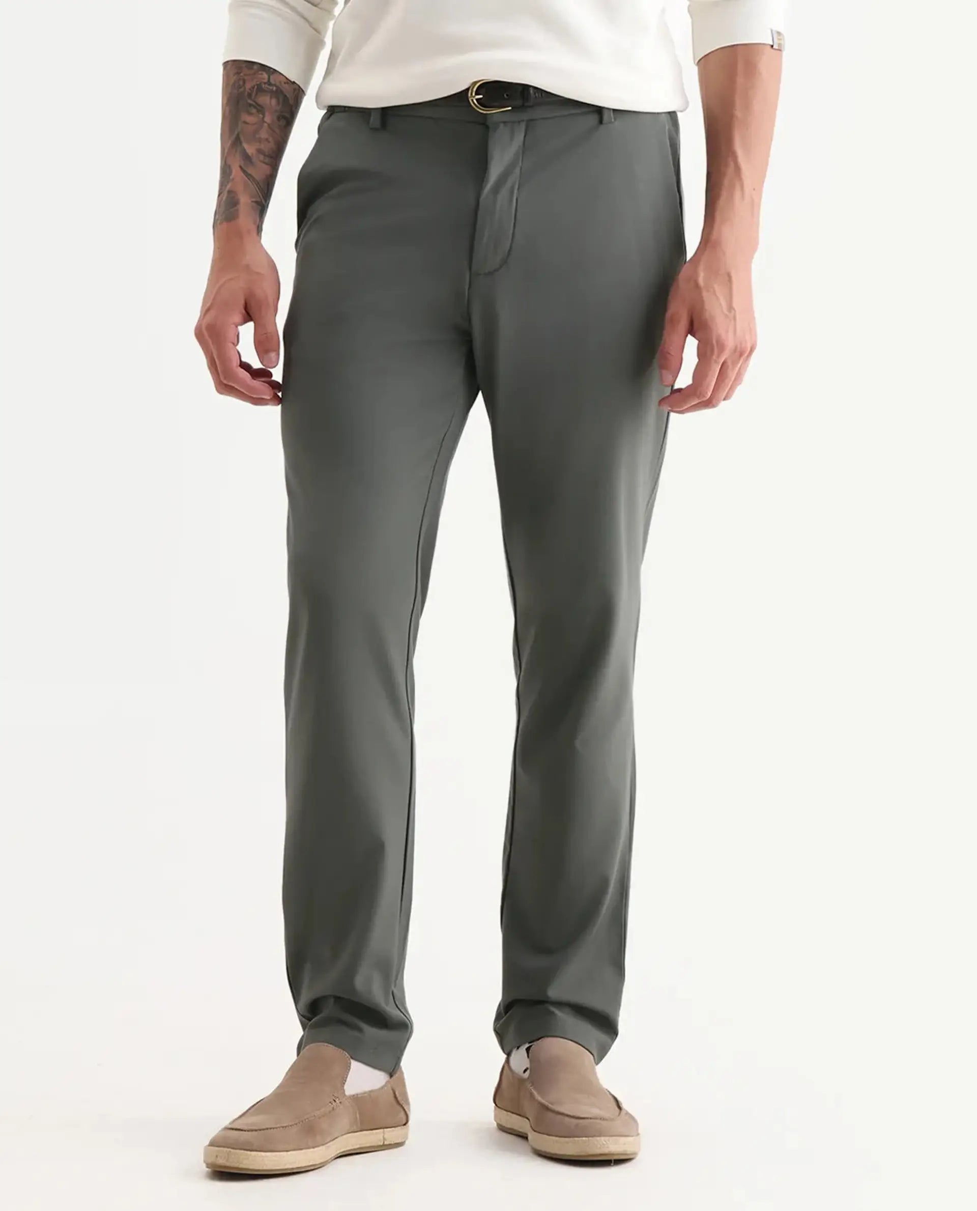 Rare Rabbit Men's Travel-26R Olive Polyester Blend Plain Regular Fit Trouser