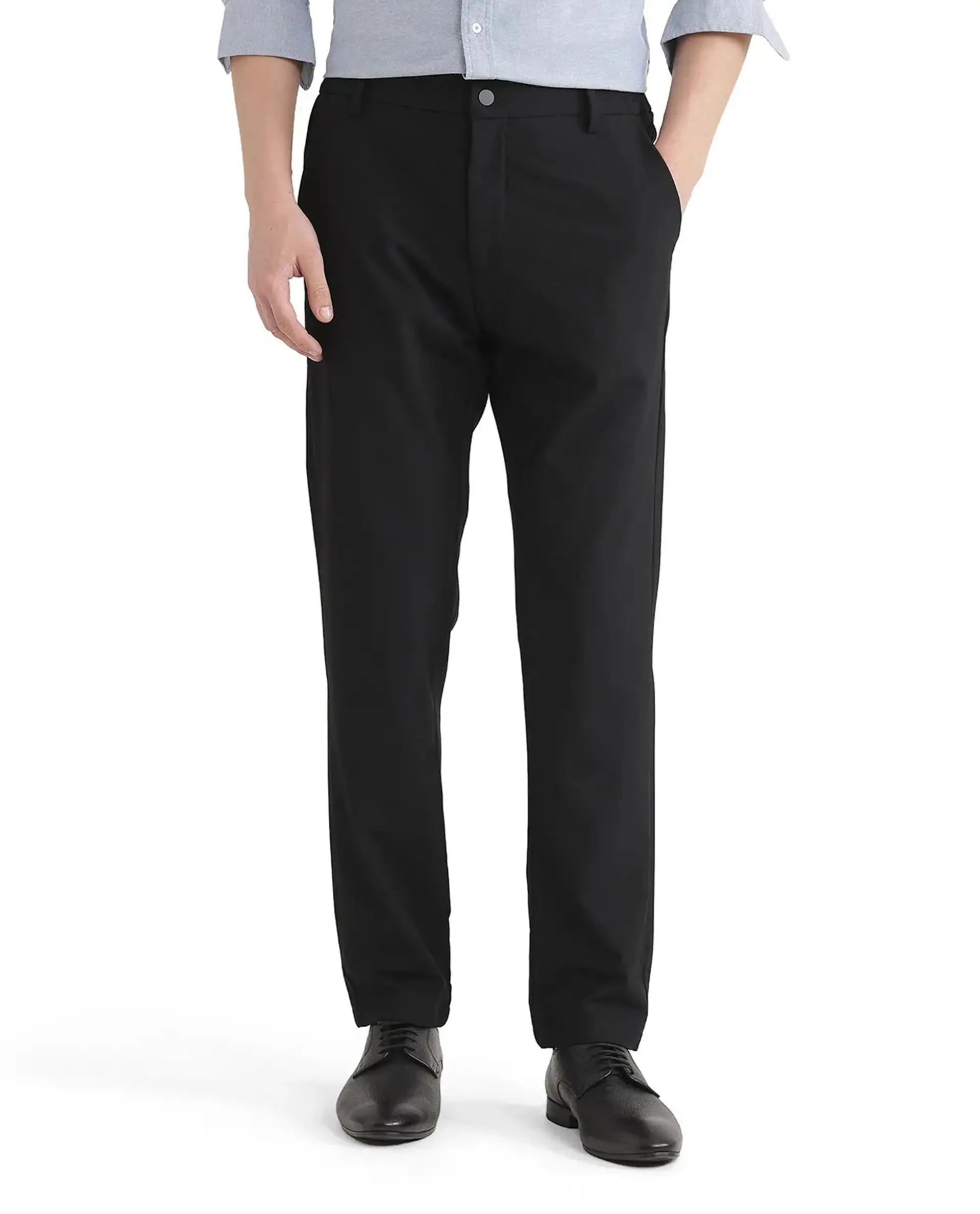 Rare Rabbit Men's Travel Uni Black Polyester Blend Plain Regular Fit Trouser
