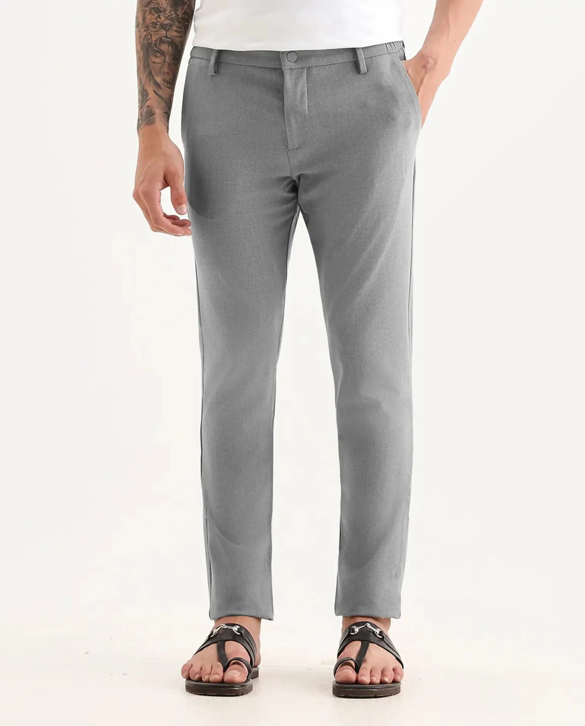 Rare Rabbit Men's Traveller Grey Solid Mid-Rise Regular Fit Trouser