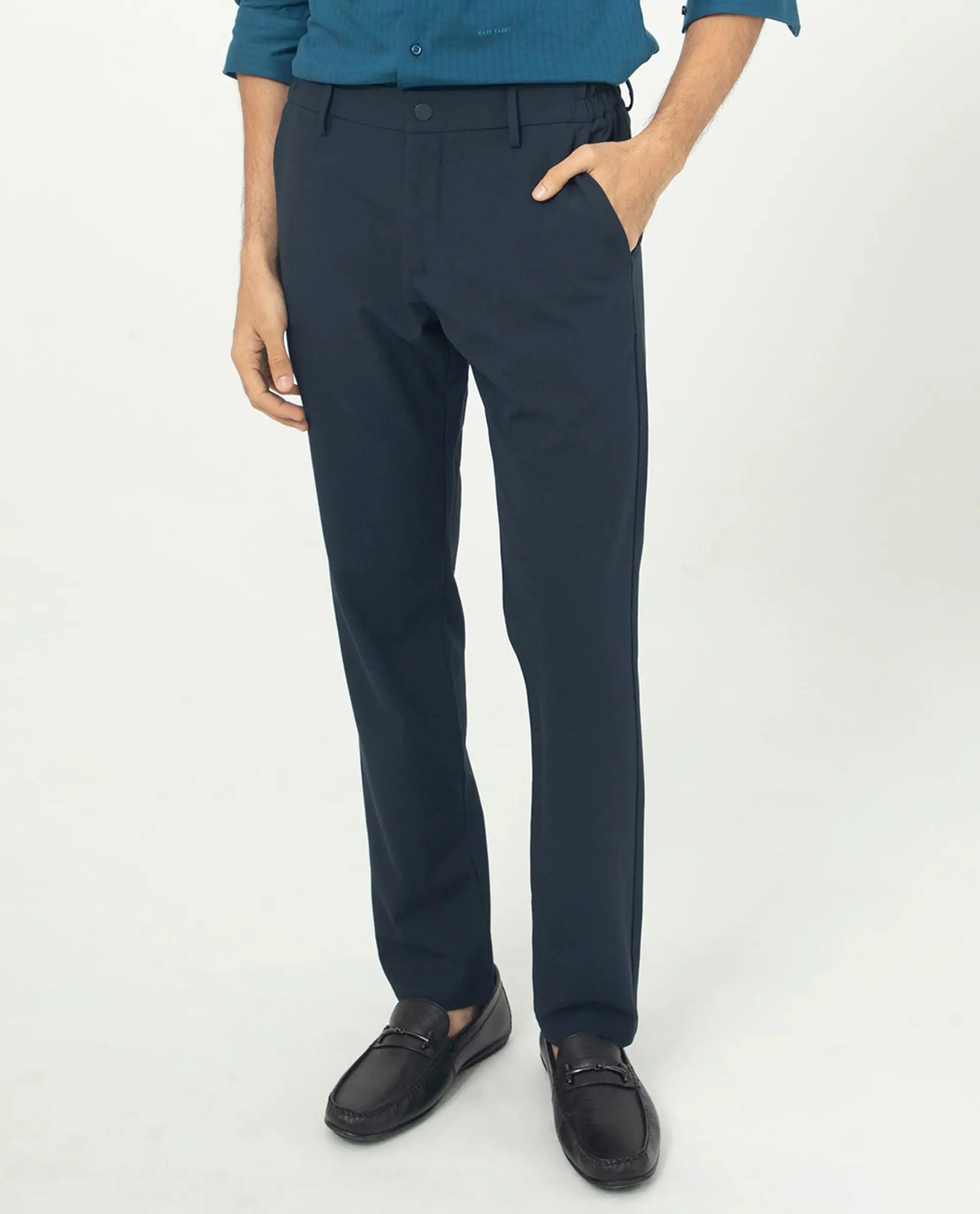 Rare Rabbit Men's Traveller Navy Solid Mid-Rise Regular Fit Trouser
