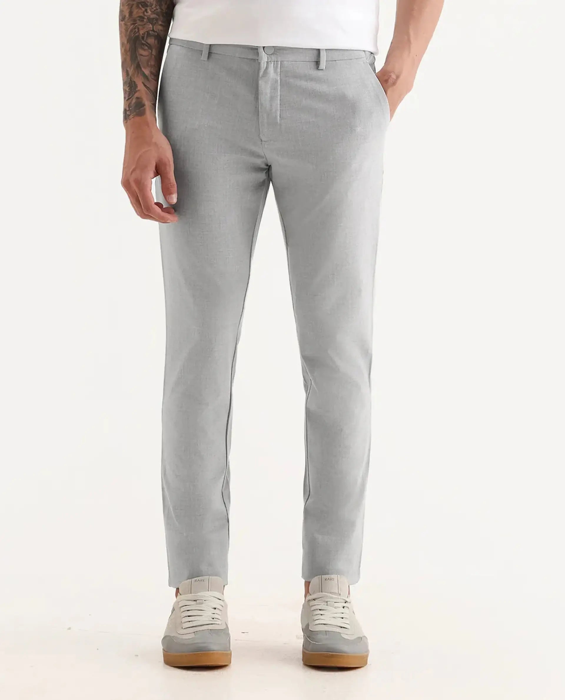 Rare Rabbit Men's Travellers Light Grey Solid Mid-Rise Regular Fit Trouser