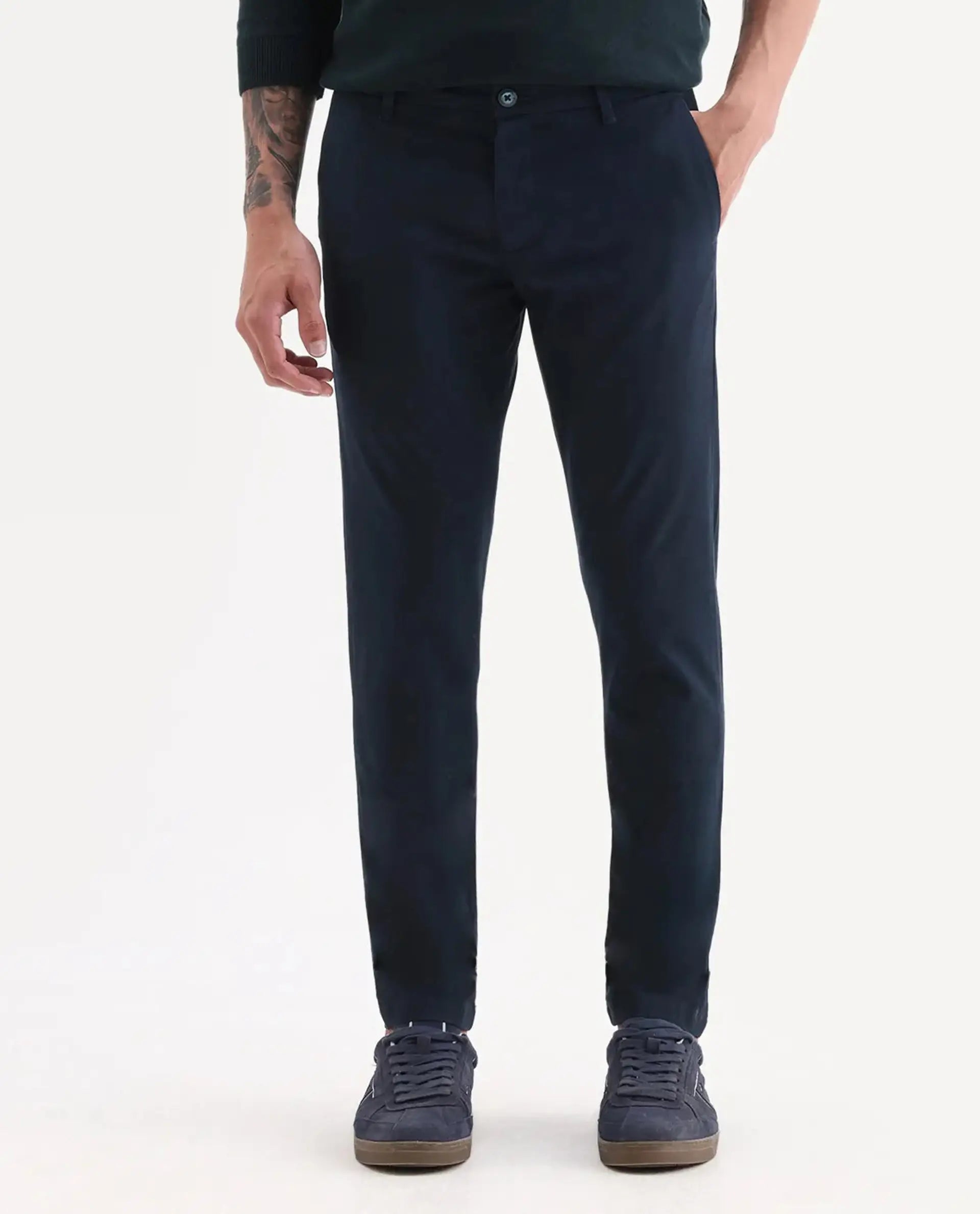 Rare Rabbit Men's Trellis Navy Cotton Plain Regular Fit Trouser