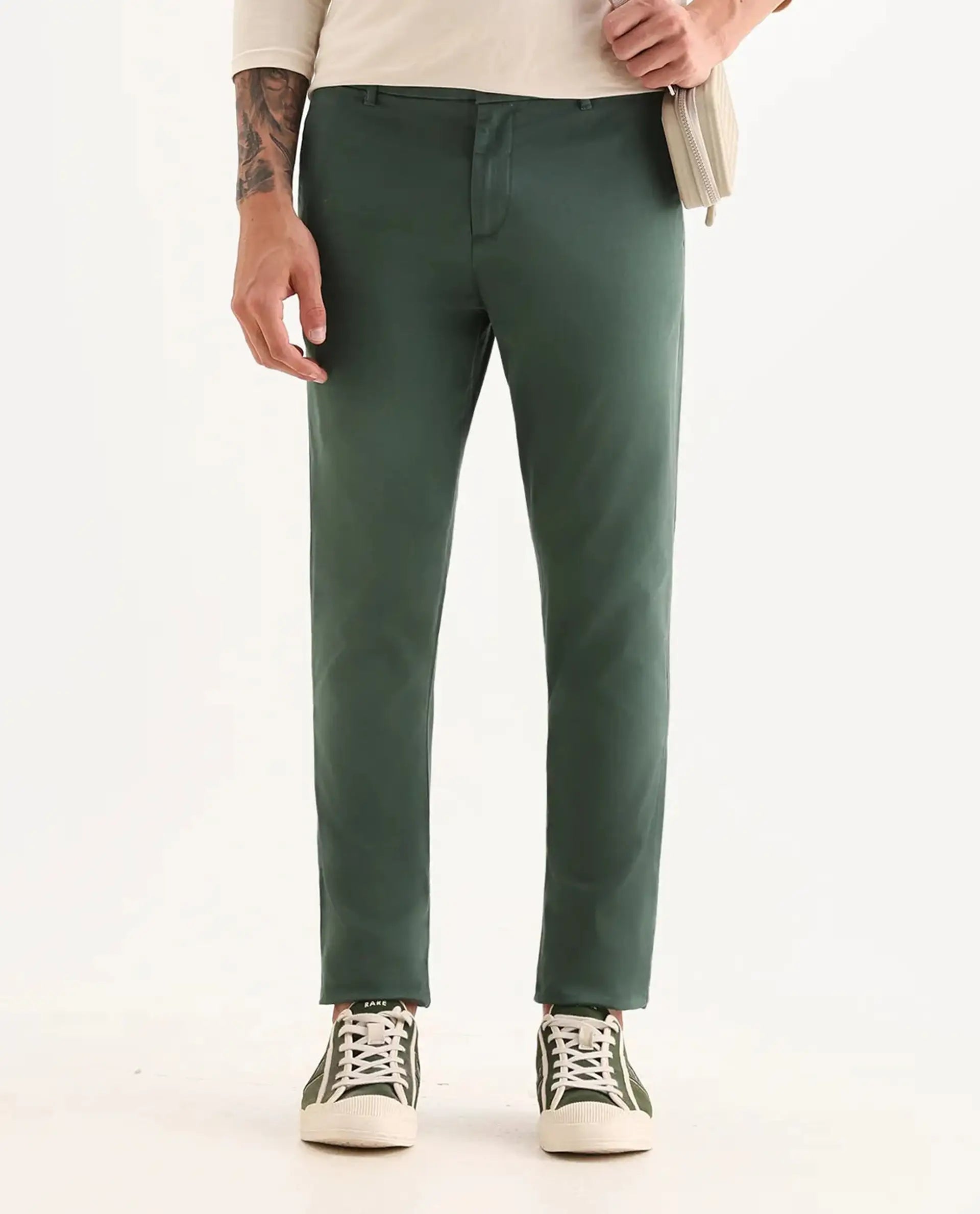 Rare Rabbit Men's Trello Green Cotton Blend Plain Regular Fit Trouser