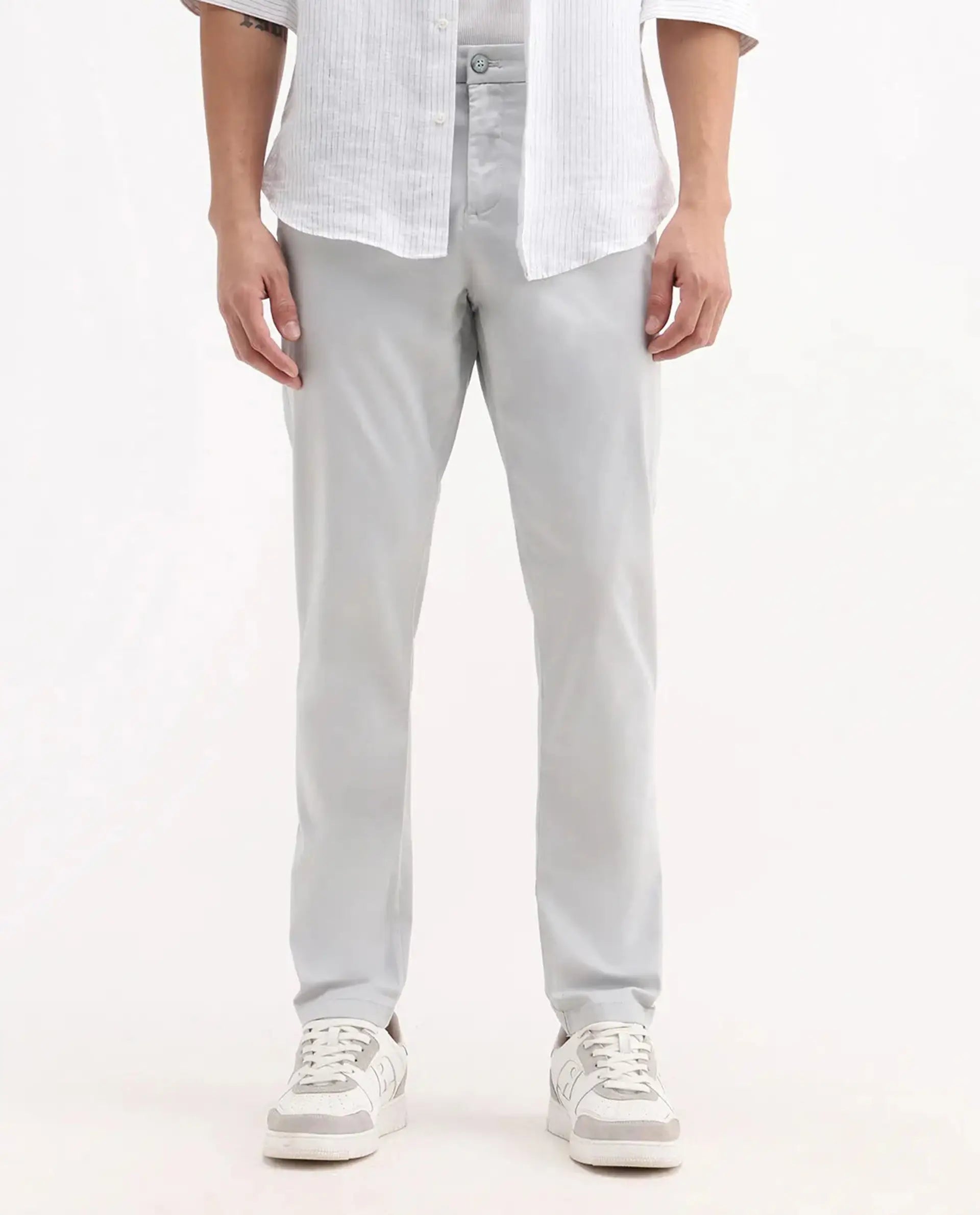 Rare Rabbit Men's Trello Light Grey Cotton Blend Plain Regular Fit Trouser