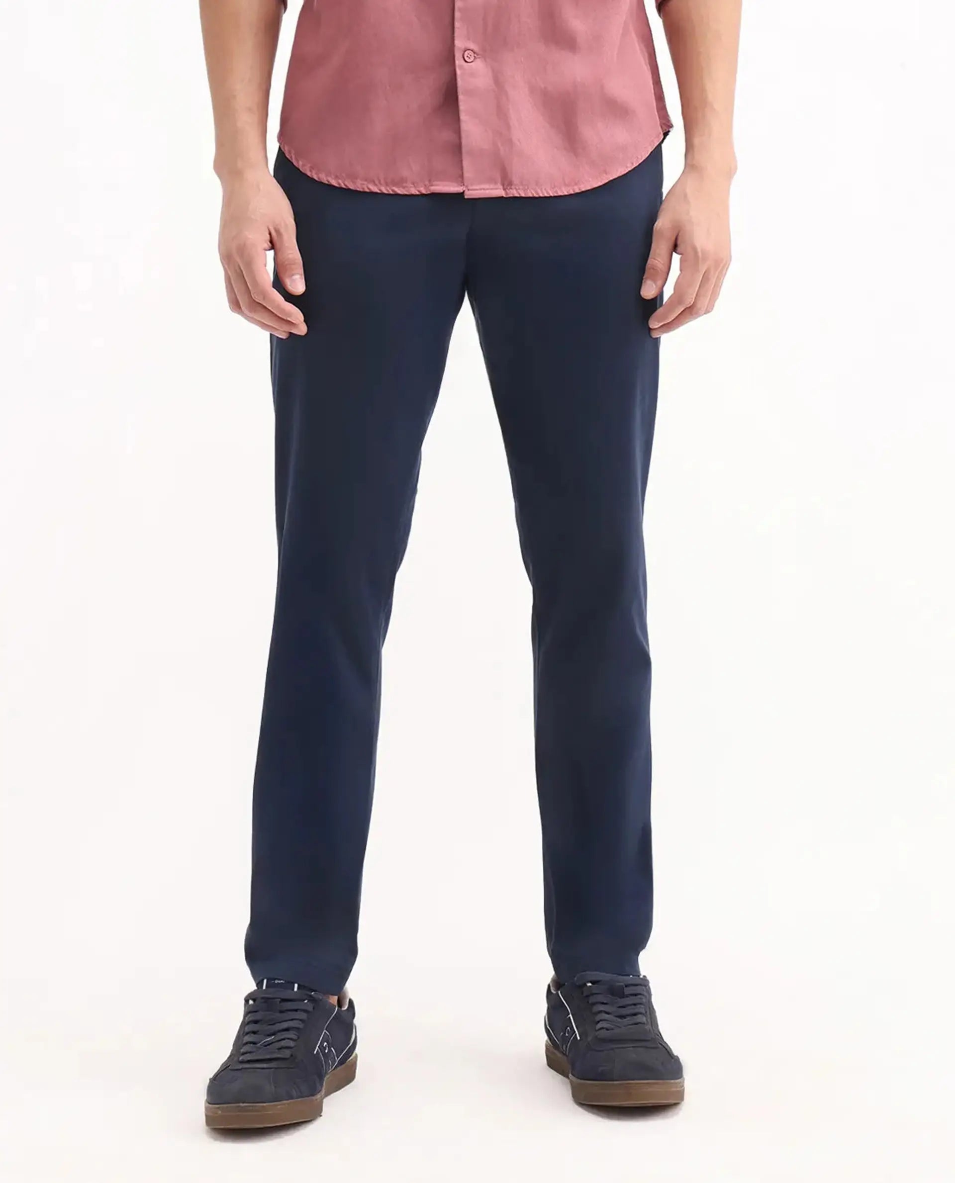 Rare Rabbit Men's Trello Navy Cotton Blend Plain Regular Fit Trouser