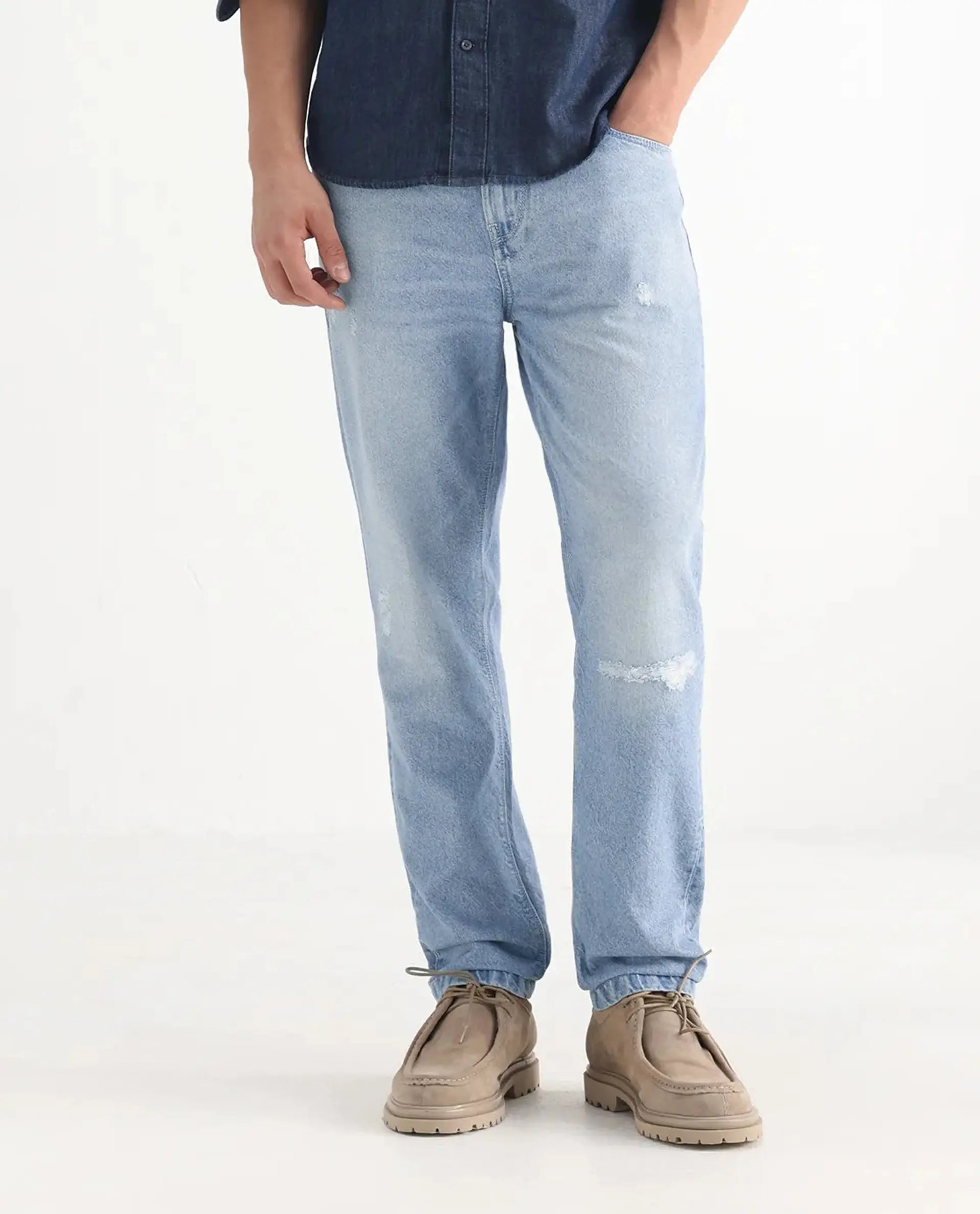 Rare Rabbit Mens Trika Light Blue Cotton Mid Wash Solid Regular Fit Jeans