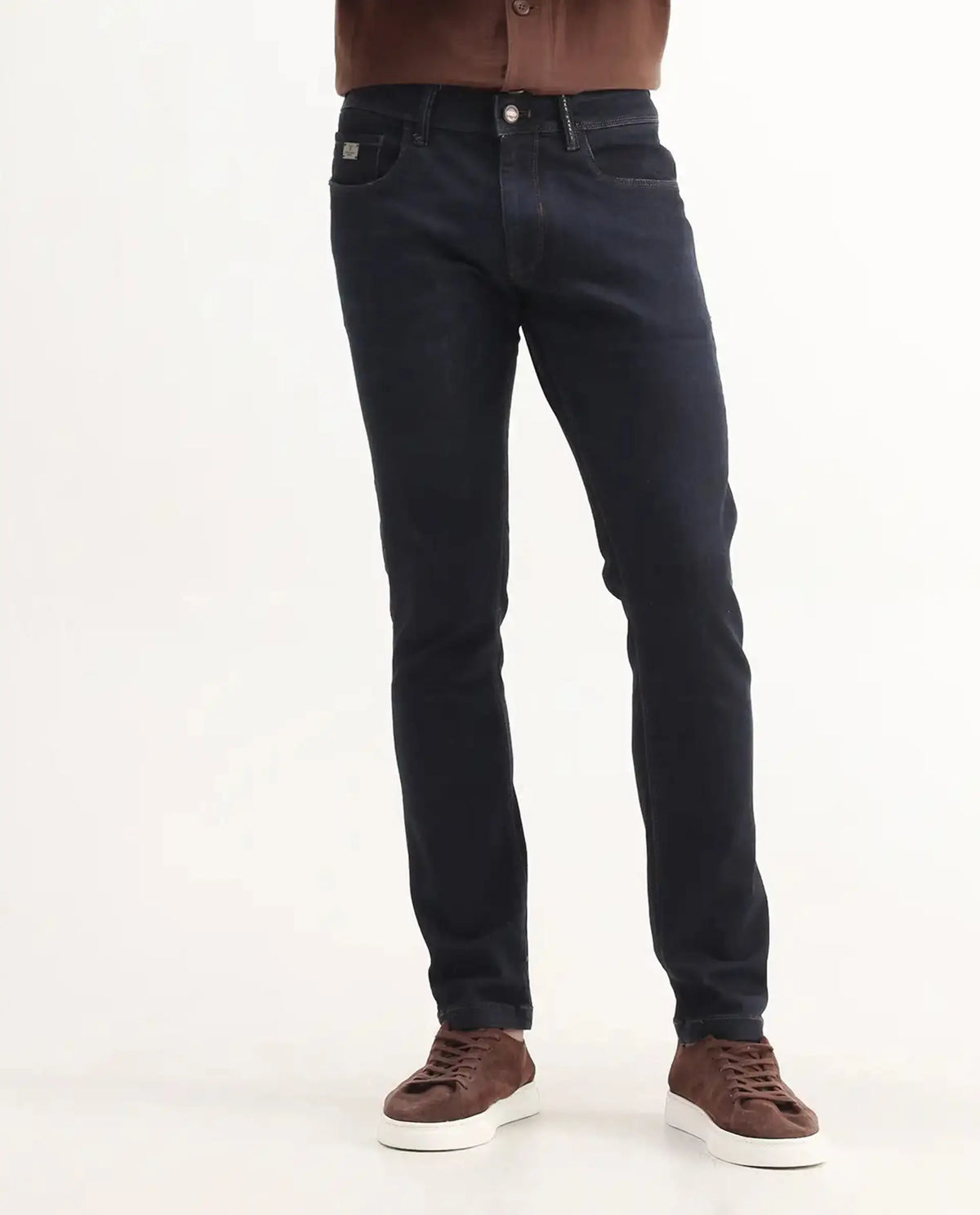Rare Rabbit Men's Trinity Blue Cotton Plain Hawk Slim Fit Jeans