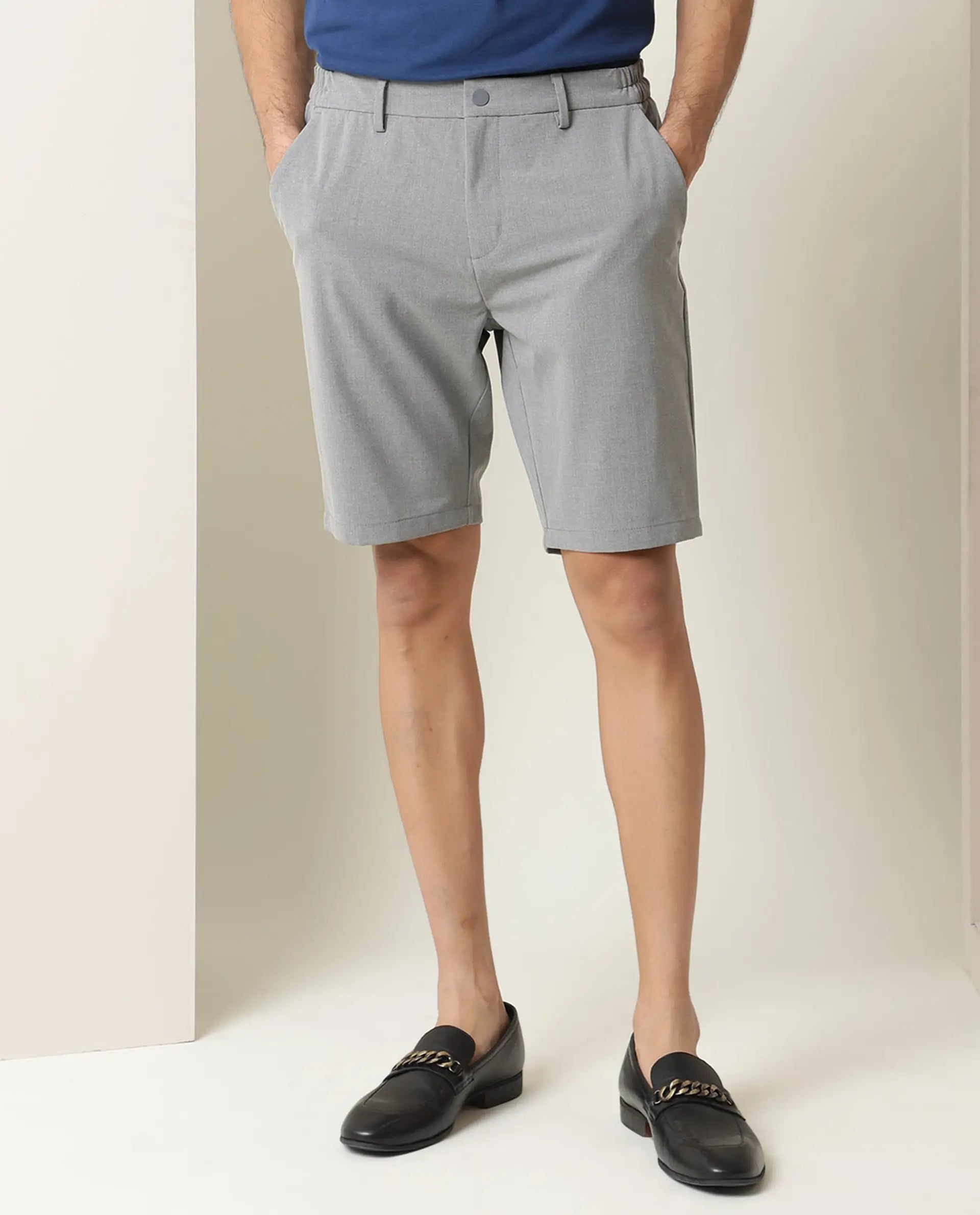 Rare Rabbit Men's Trip Grey Polyester Plain Regular Fit Shorts