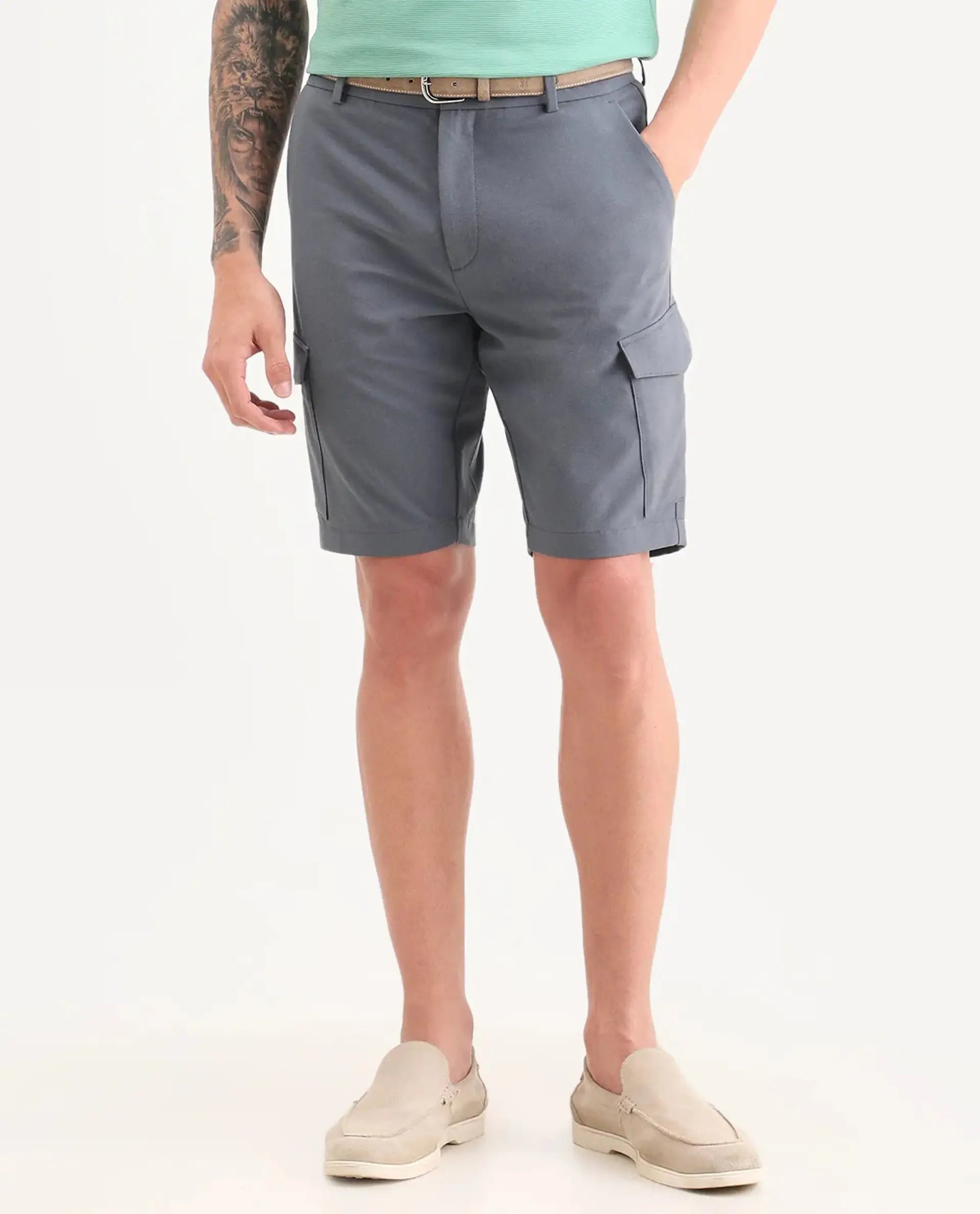 Rare Rabbit Men's Tripco-Ss26 Dusky Blue Polyester Blend Fabric Relaxed Fit Plain Shorts