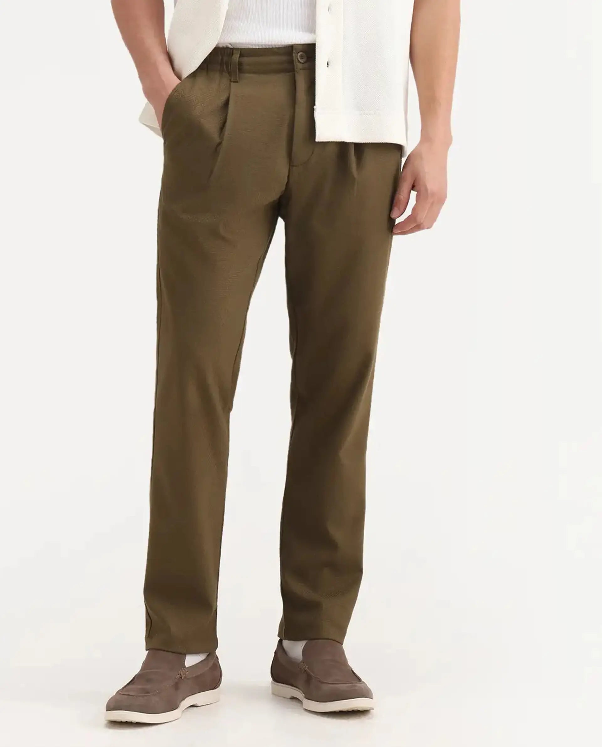 Rare Rabbit Men's Tula Light Olive Polyester Blend Plain Relaxed Fit Trouser