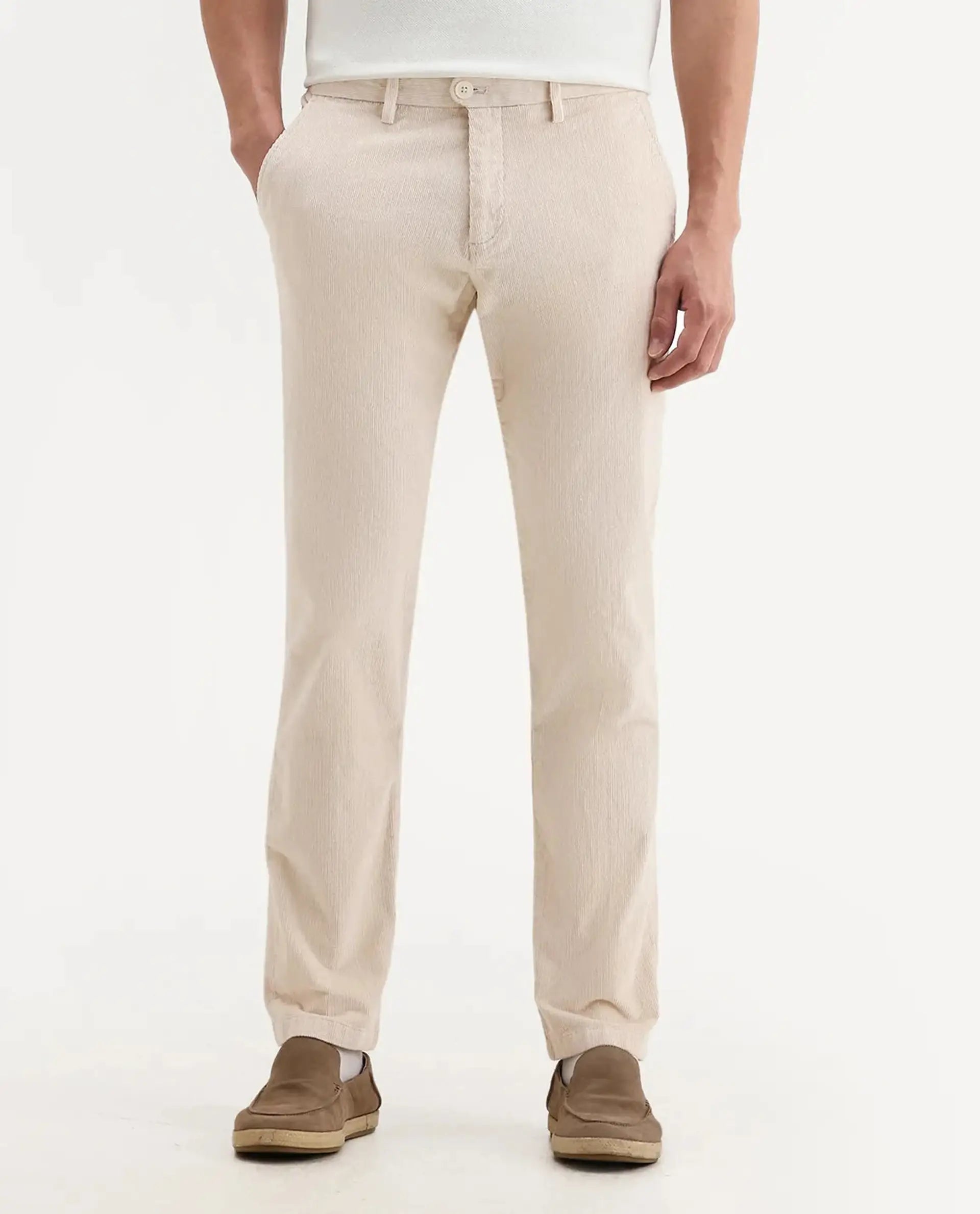 Rare Rabbit Men's Upton Off White Cotton Plain Regular Fit Trouser