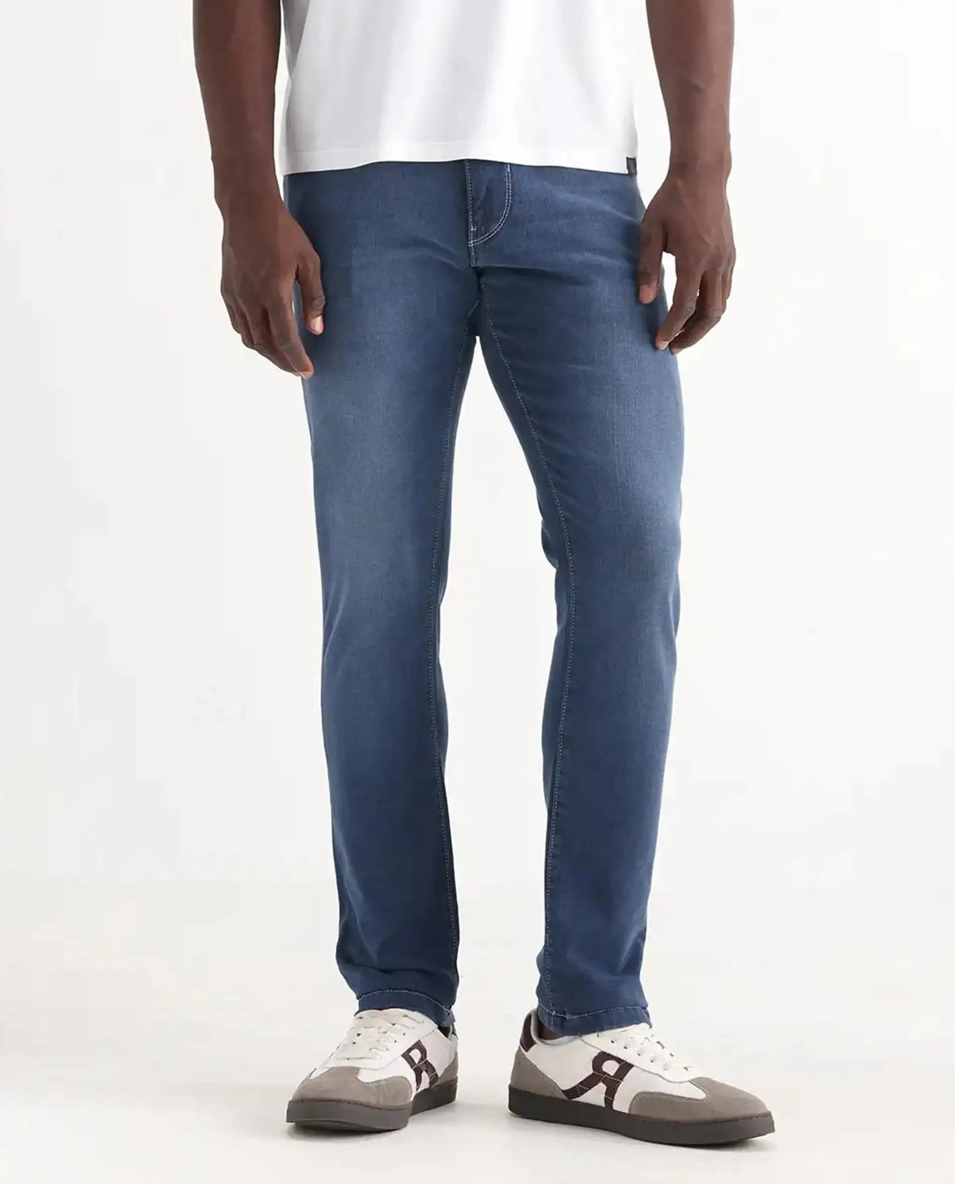 Rare Rabbit Men's Vadim Blue Cotton Plain Hawk Slim Fit Jeans