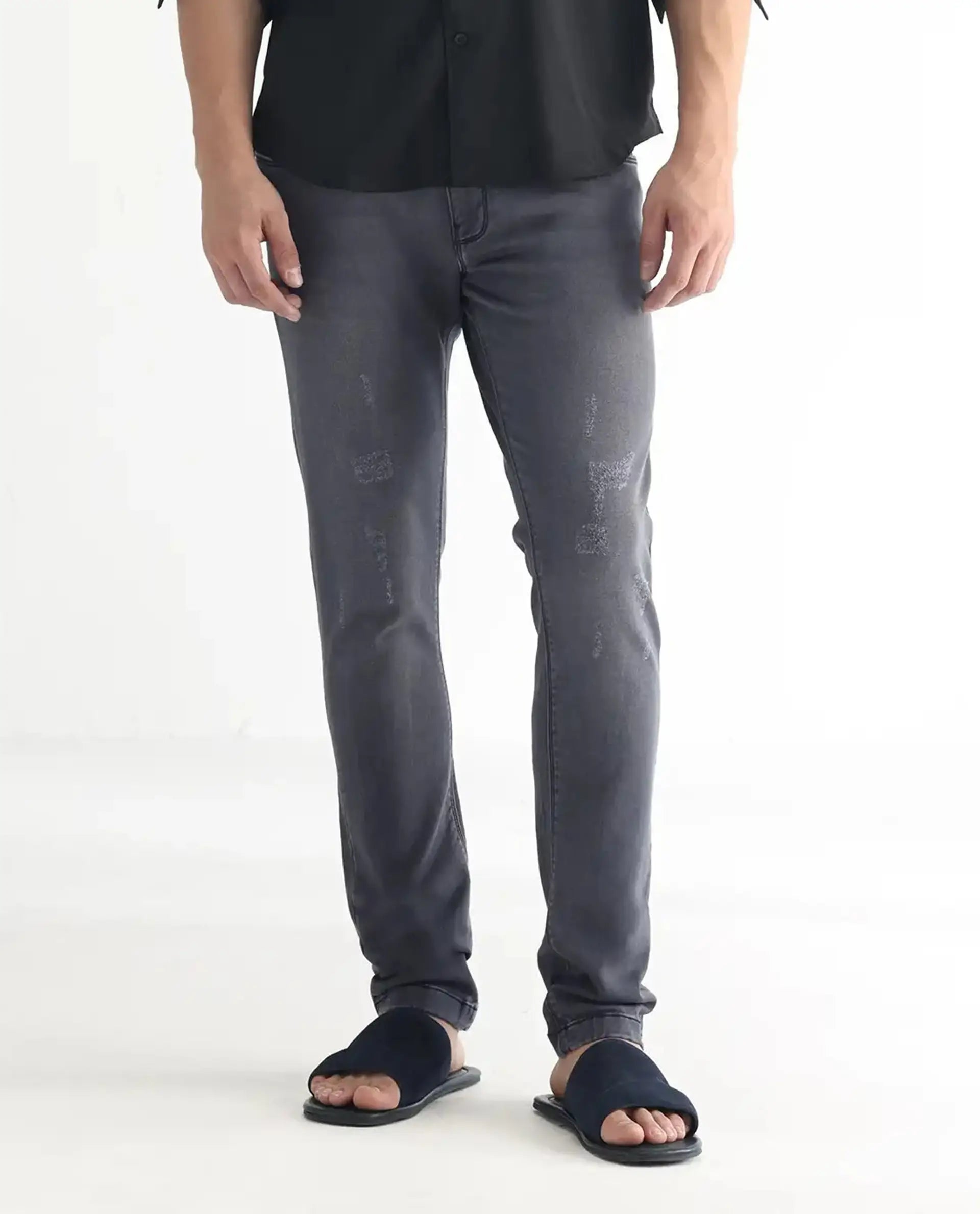 Rare Rabbit Men's Velles Dark Grey Cotton Plain Hawk Slim Fit Jeans