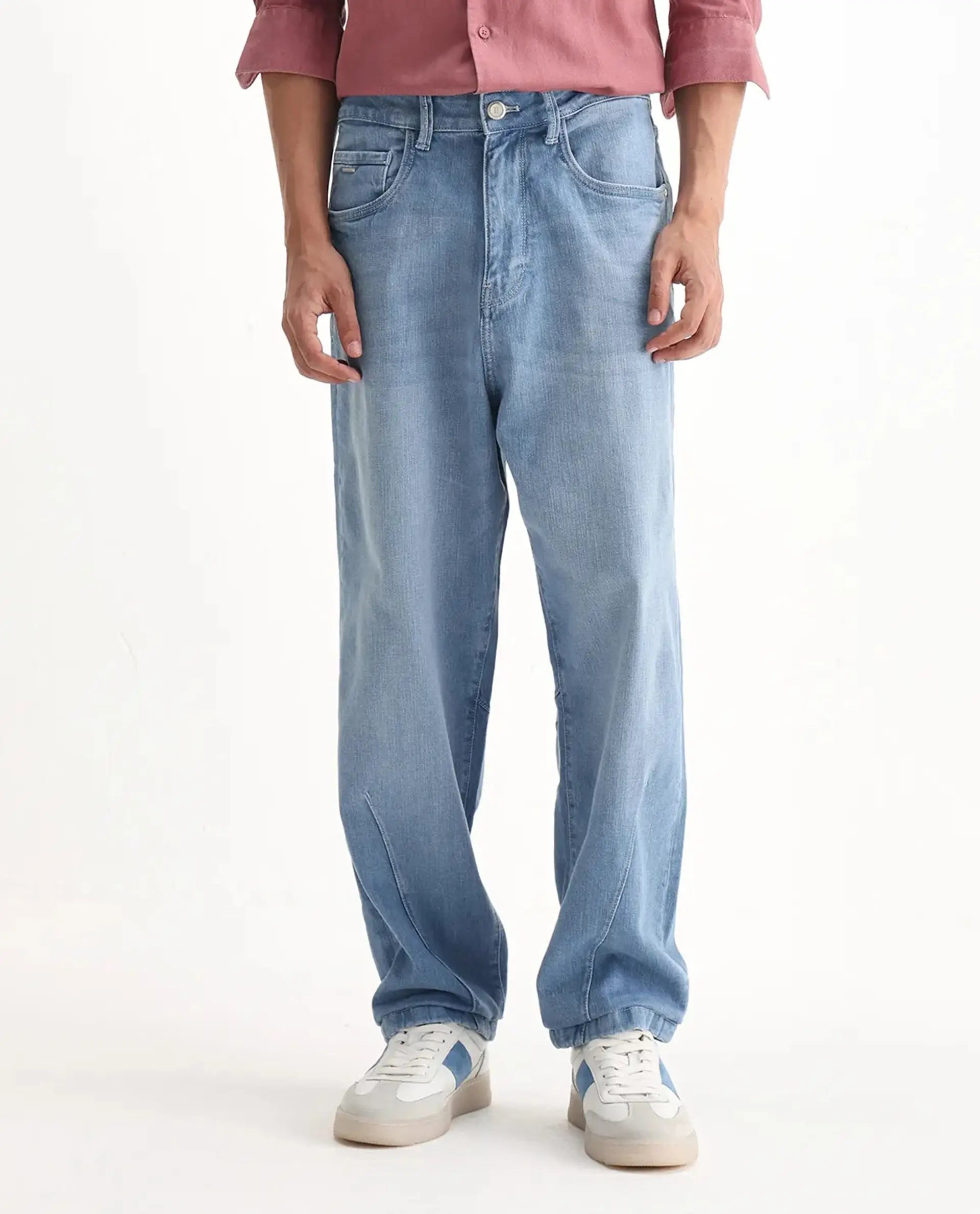 Rare Rabbit Men's Vort Light Blue Cotton Blend Plain Baggy Fit Jeans