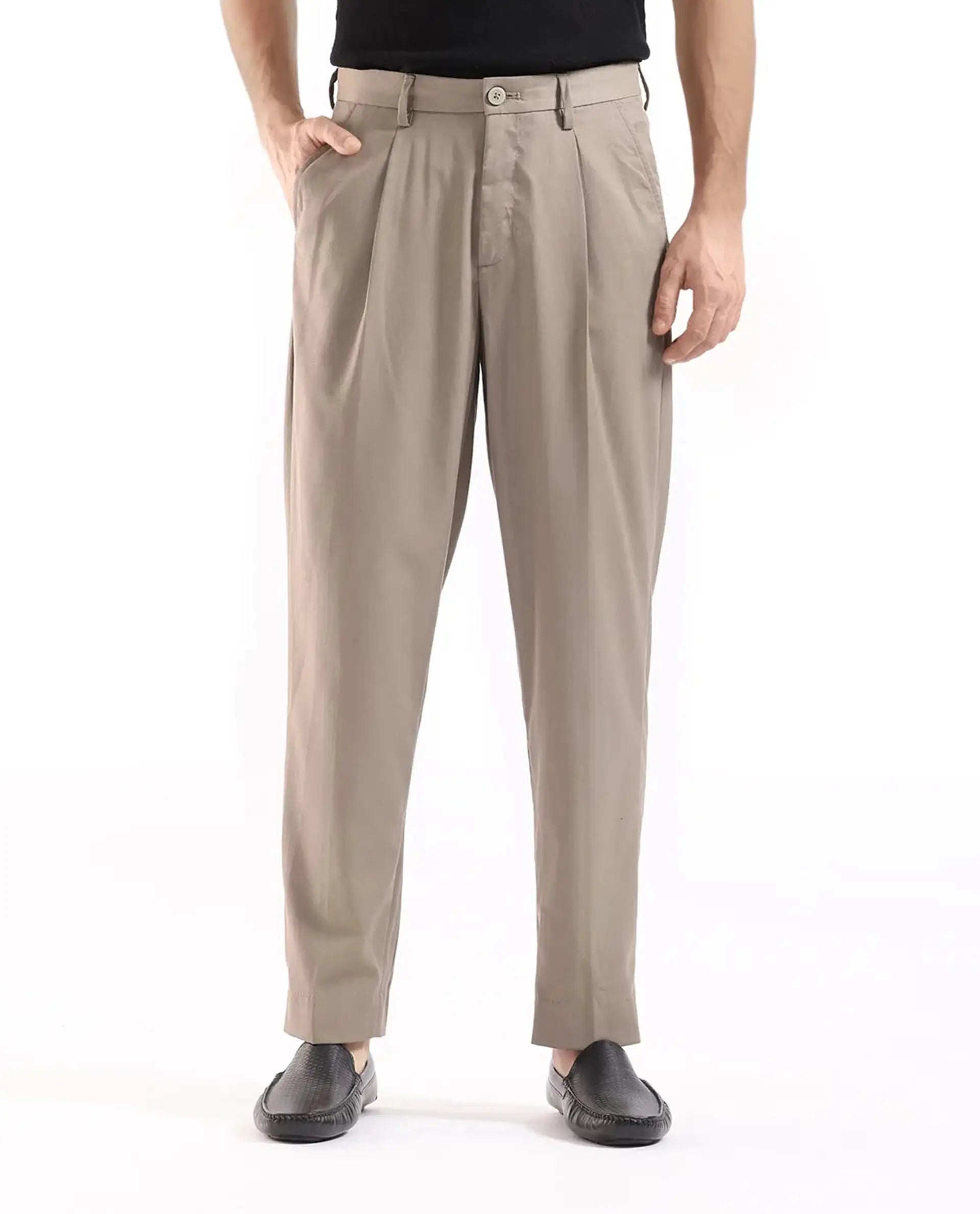 Rare Rabbit Men's Windsor Dark Beige Cotton Plain Relaxed Fit Trouser