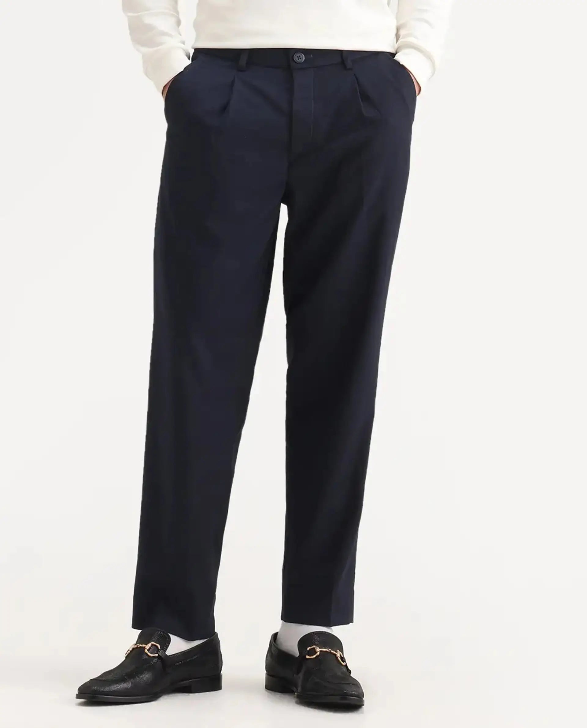 Rare Rabbit Men's Windsor Navy Polyester Blend Plain Relaxed Fit Trouser