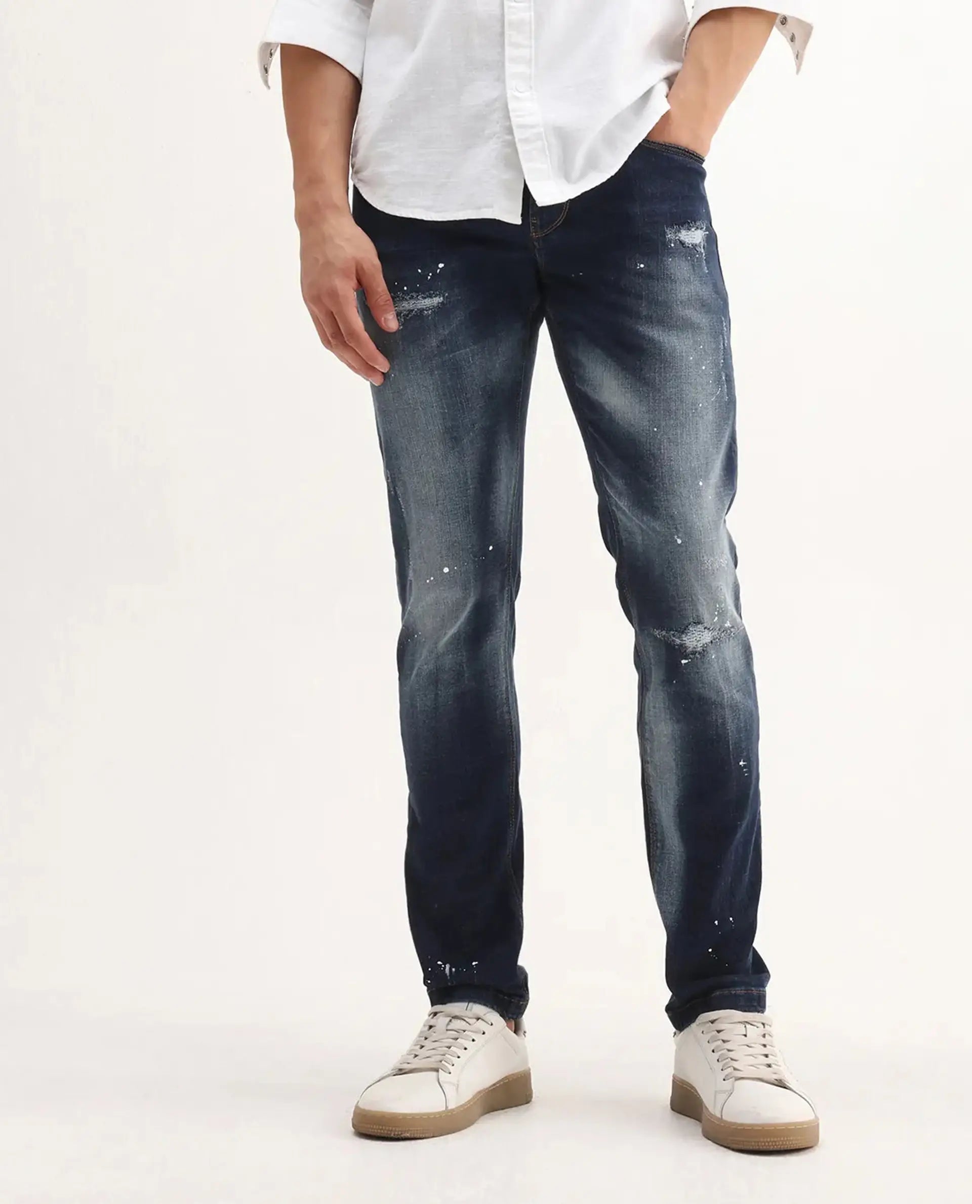 Rare Rabbit Men's Xian Blue Cotton Blend Plain Hawk Slim Fit Jeans