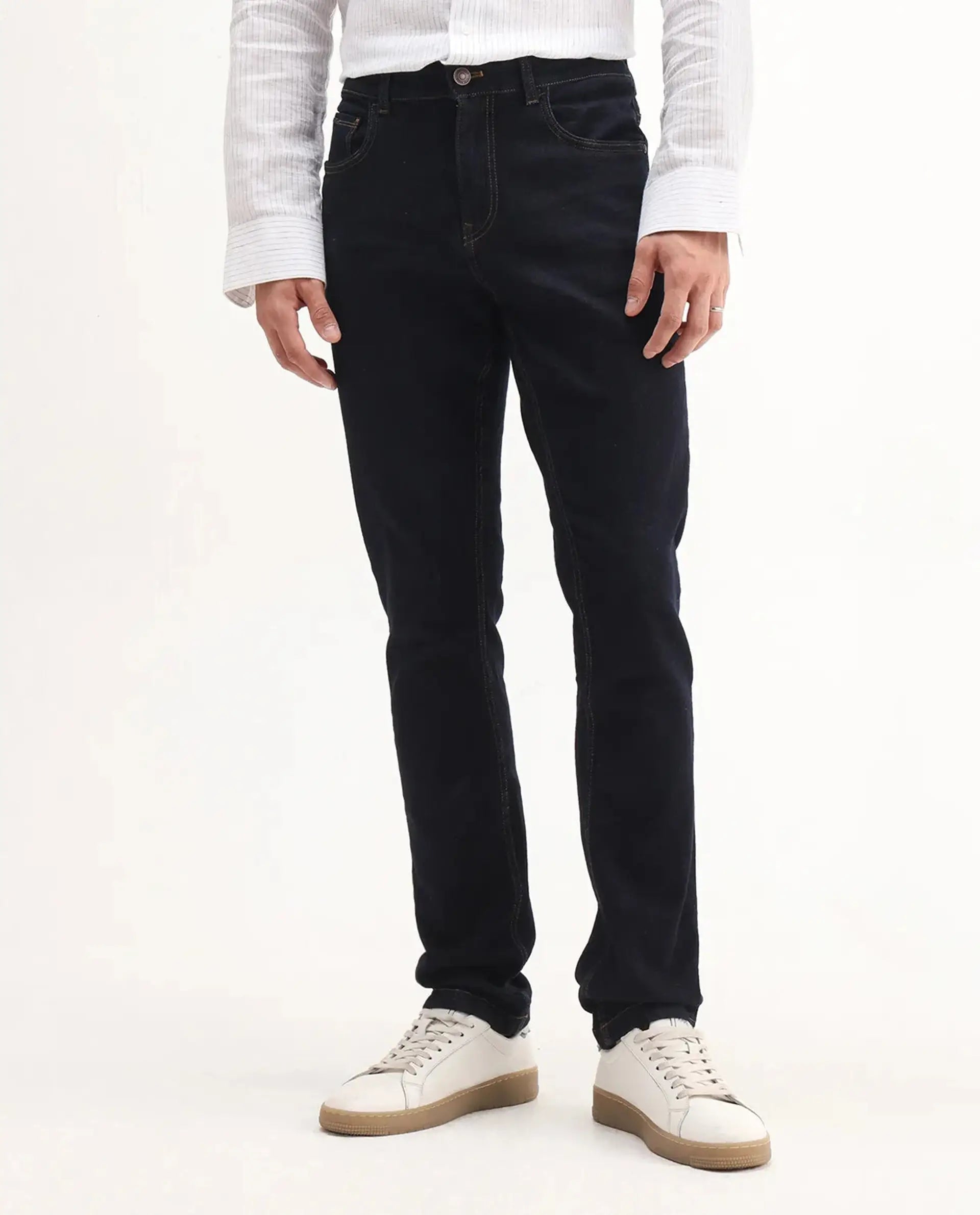 Rare Rabbit Men's Yukto Navy Cotton Plain Hawk Slim Fit Jeans