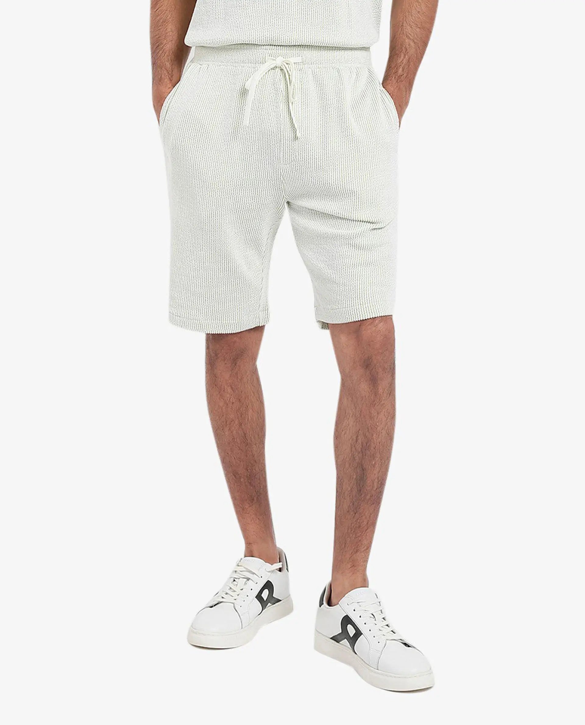 Rare Rabbit Men's Zavet-B Light Green Cotton Blend Striped Print Regular Fit Shorts