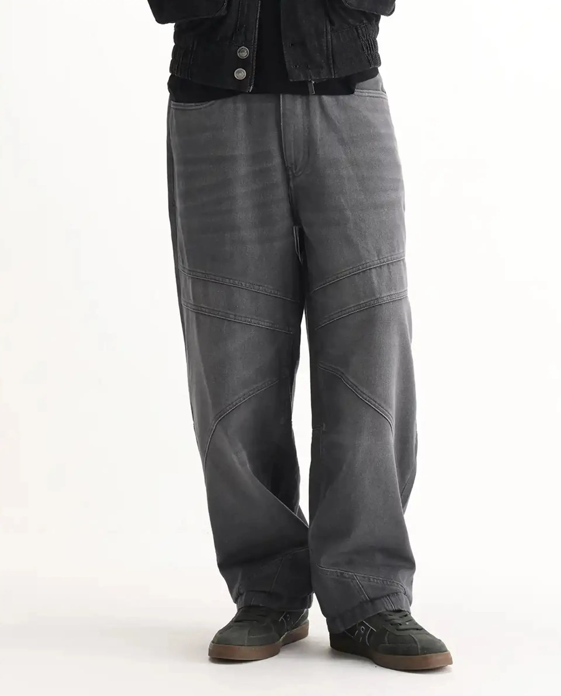 Rare Rabbit Men's Zeret Dark Grey Cotton Plain Baggy Fit Jeans