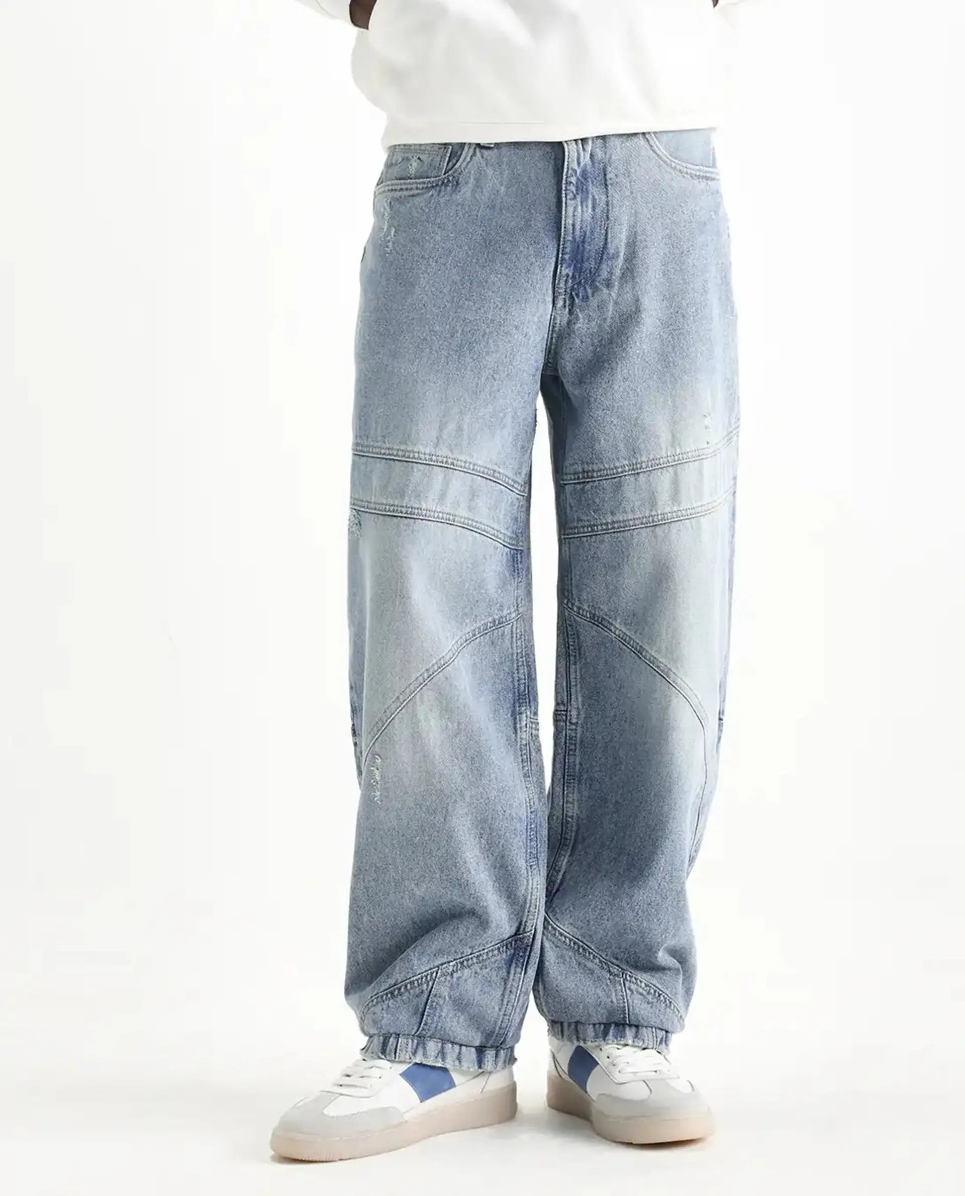 Rare Rabbit Men's Zeret Pastel Blue Cotton Plain Baggy Fit Jeans
