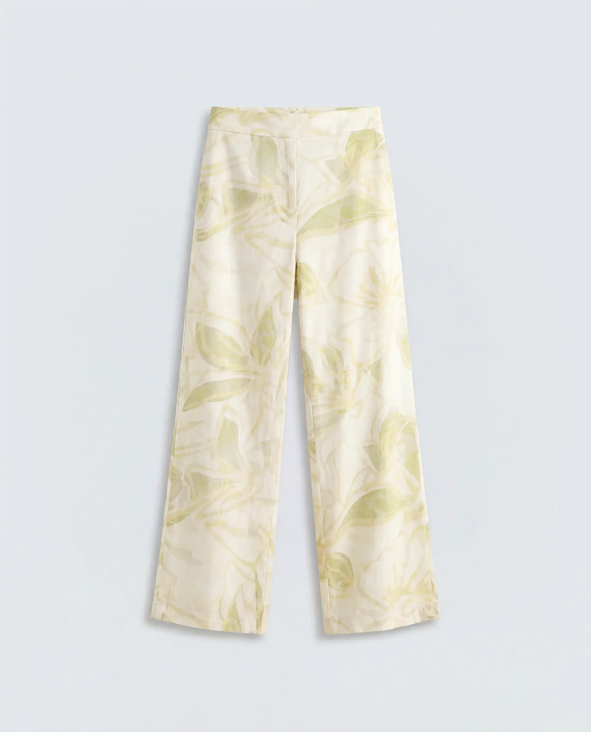 Rareism Women's Hyce-B Light Green Cotton Satin Wide Leg Abstract Print Trouser