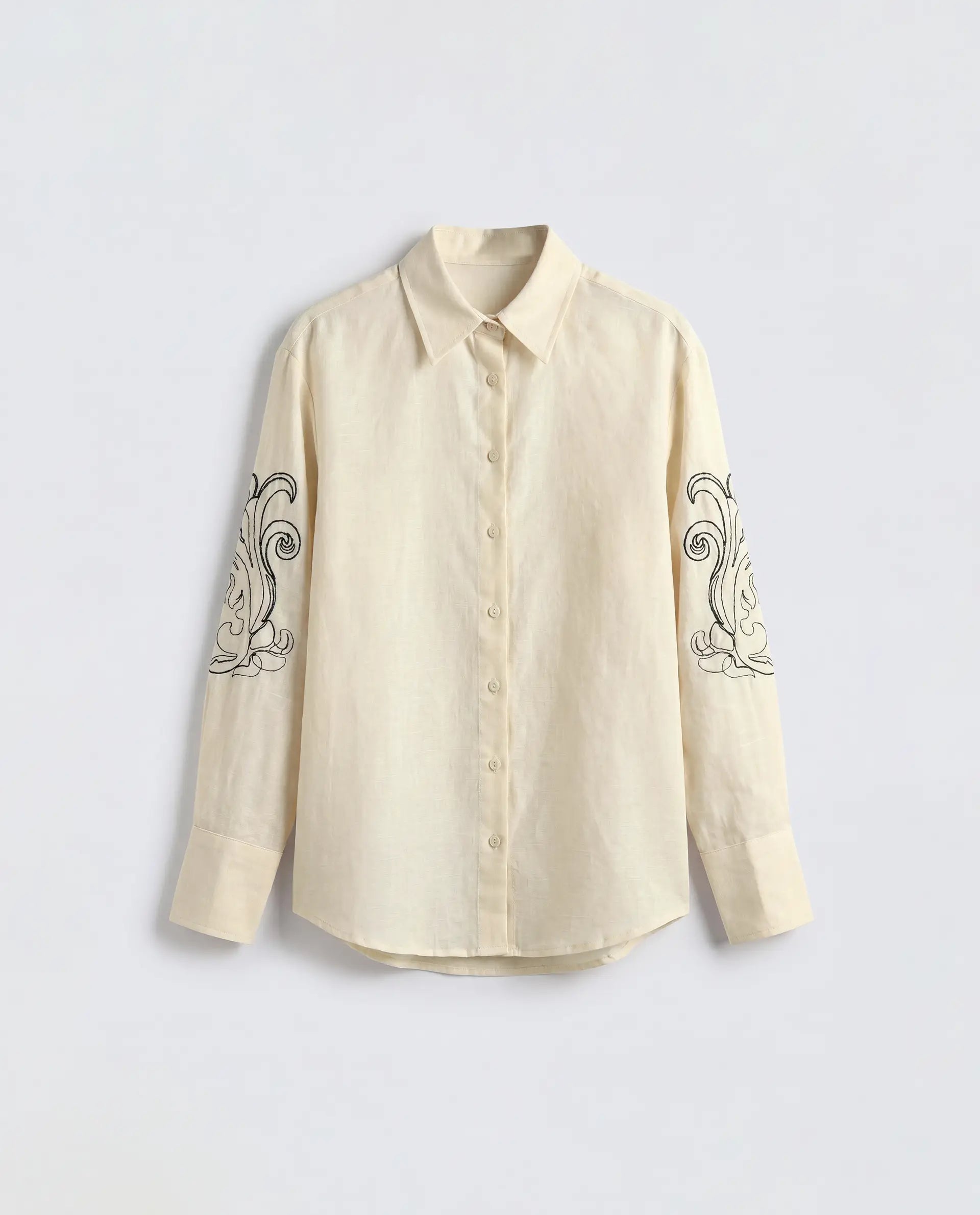 Rareism Women's Kruz Light Beige Linen Spread Collar Relaxed Embroidered Shirt