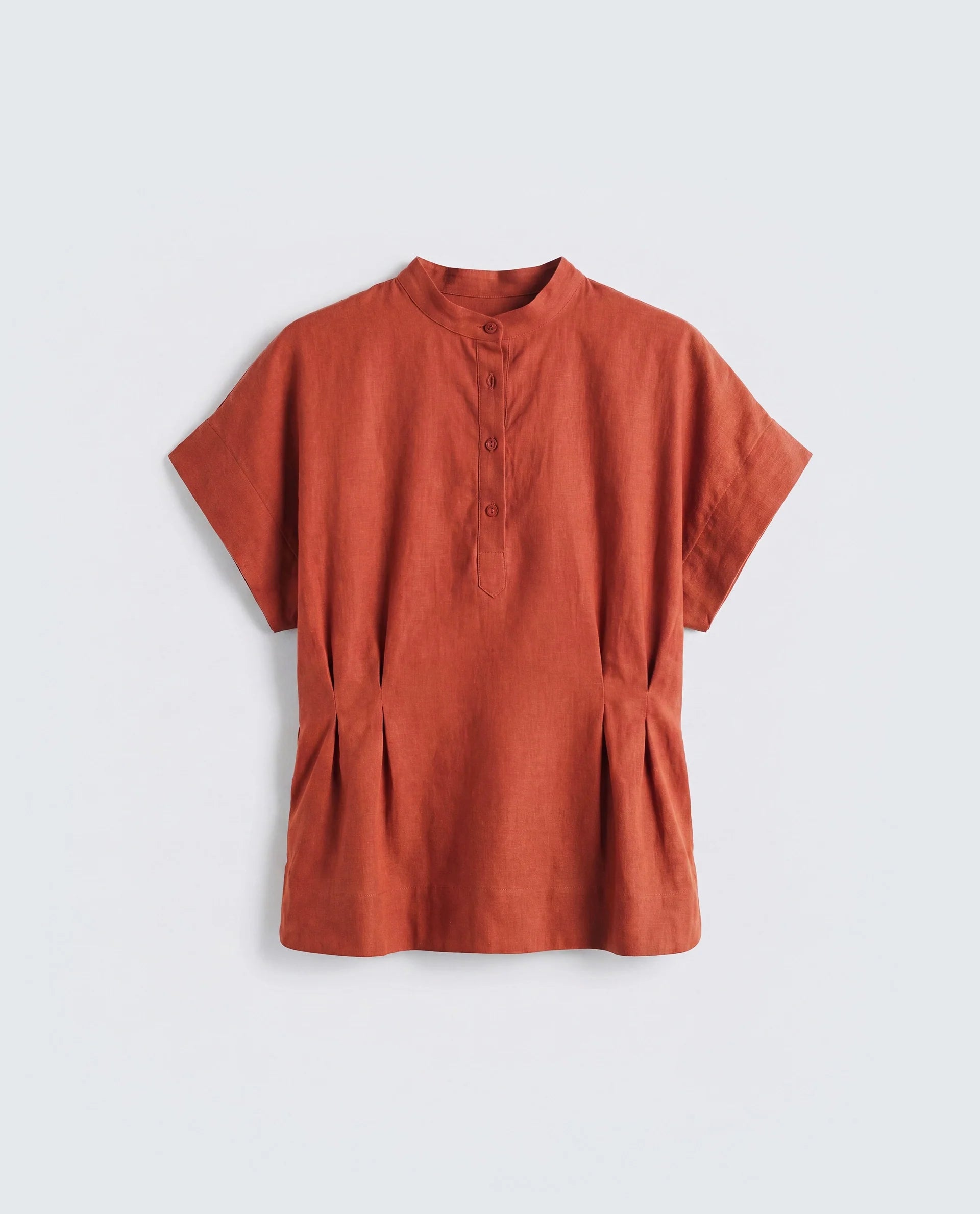 Rareism Women's Mappy-T Rust Linen Half Sleeve Mandarin Collar Relaxed Top