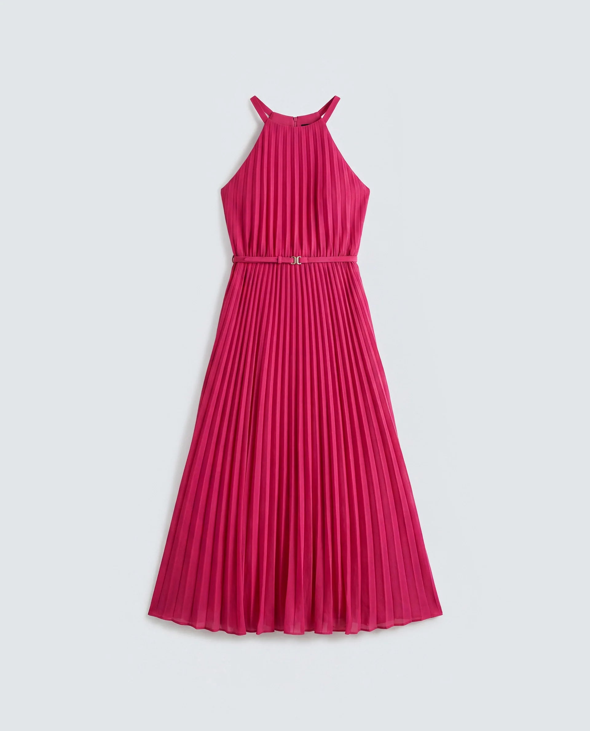 Rareism Women's Meplet Pink Polyester Sleeveless Halter Neck A-Line Dress