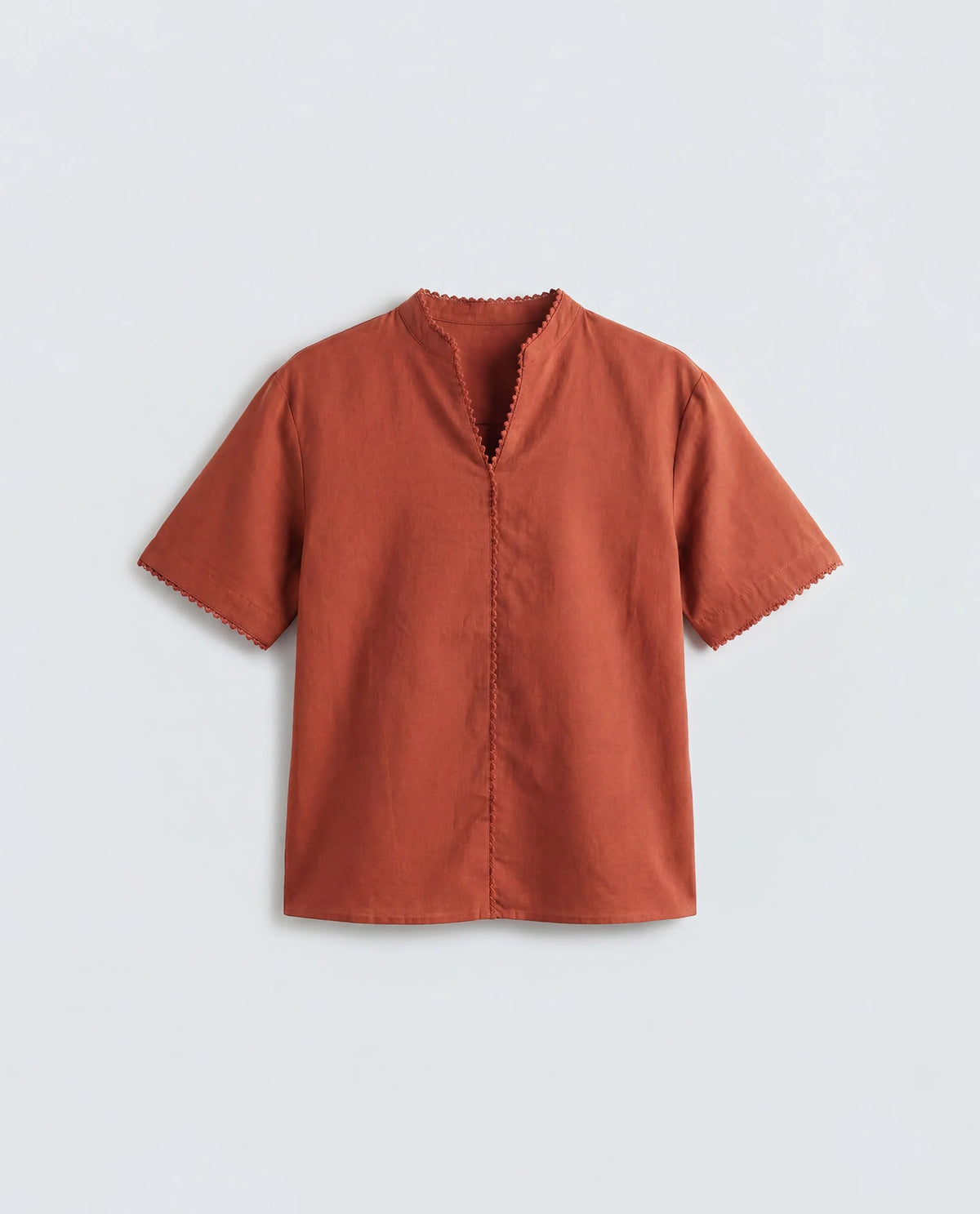 Rareism Women's Mony Rust Linen Half Sleeve Mandarin Collar Regular Top