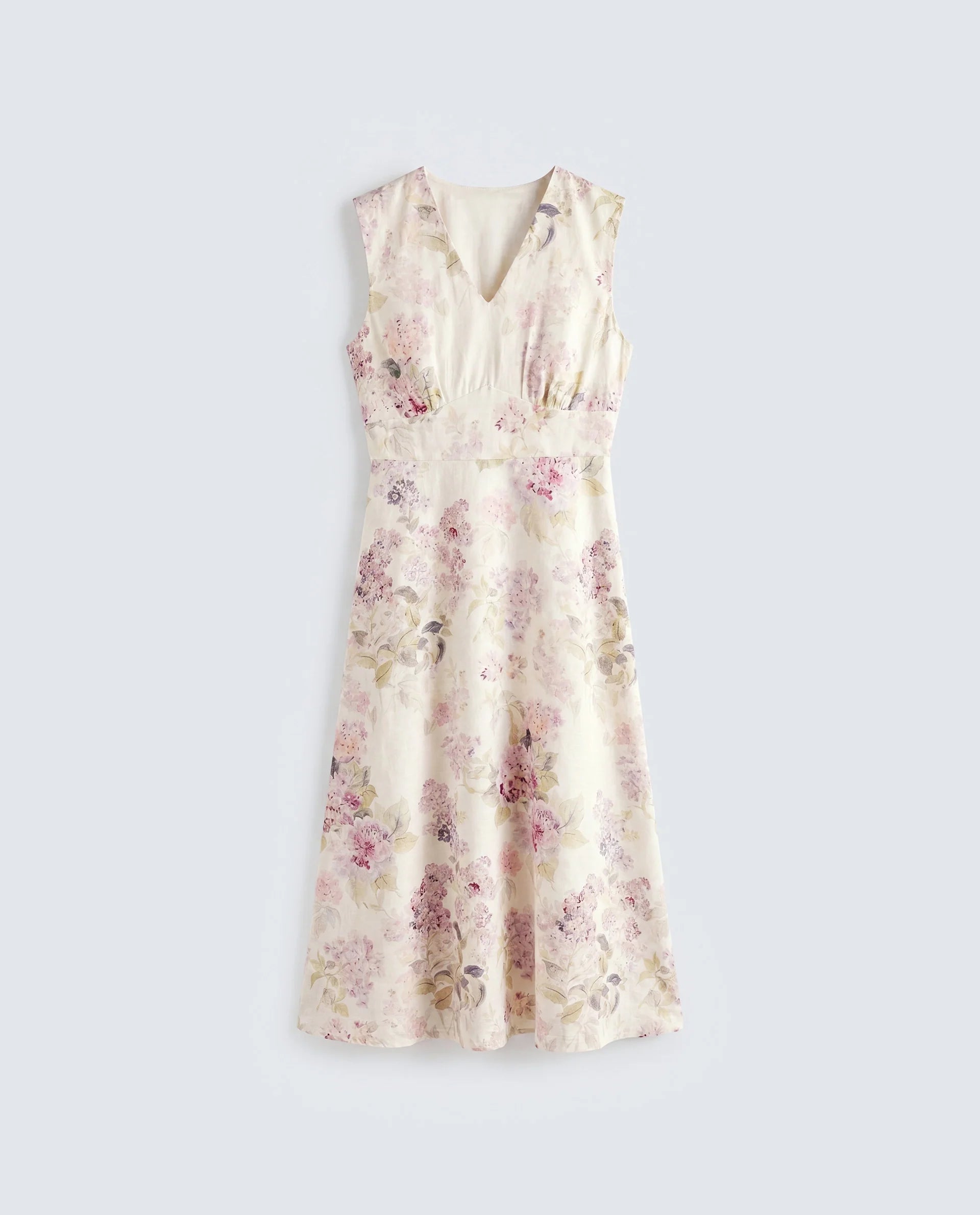 Rareism Women's Rugo Light Beige Cotton V-Neck A-Line Floral Print Dress