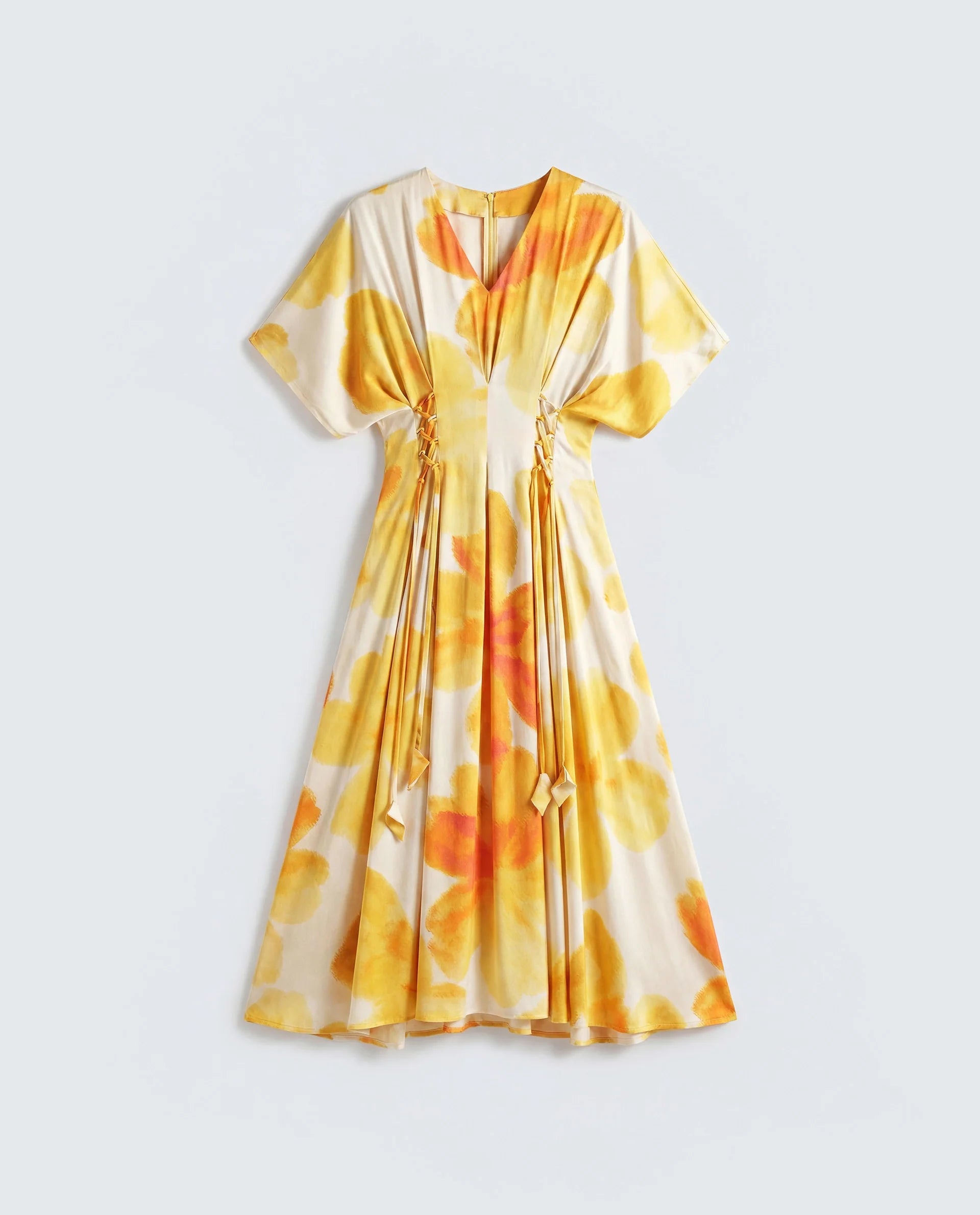 Rareism Women's Ruves Yellow Cotton Satin V-Neck Fit And Flare Floral Print Dress