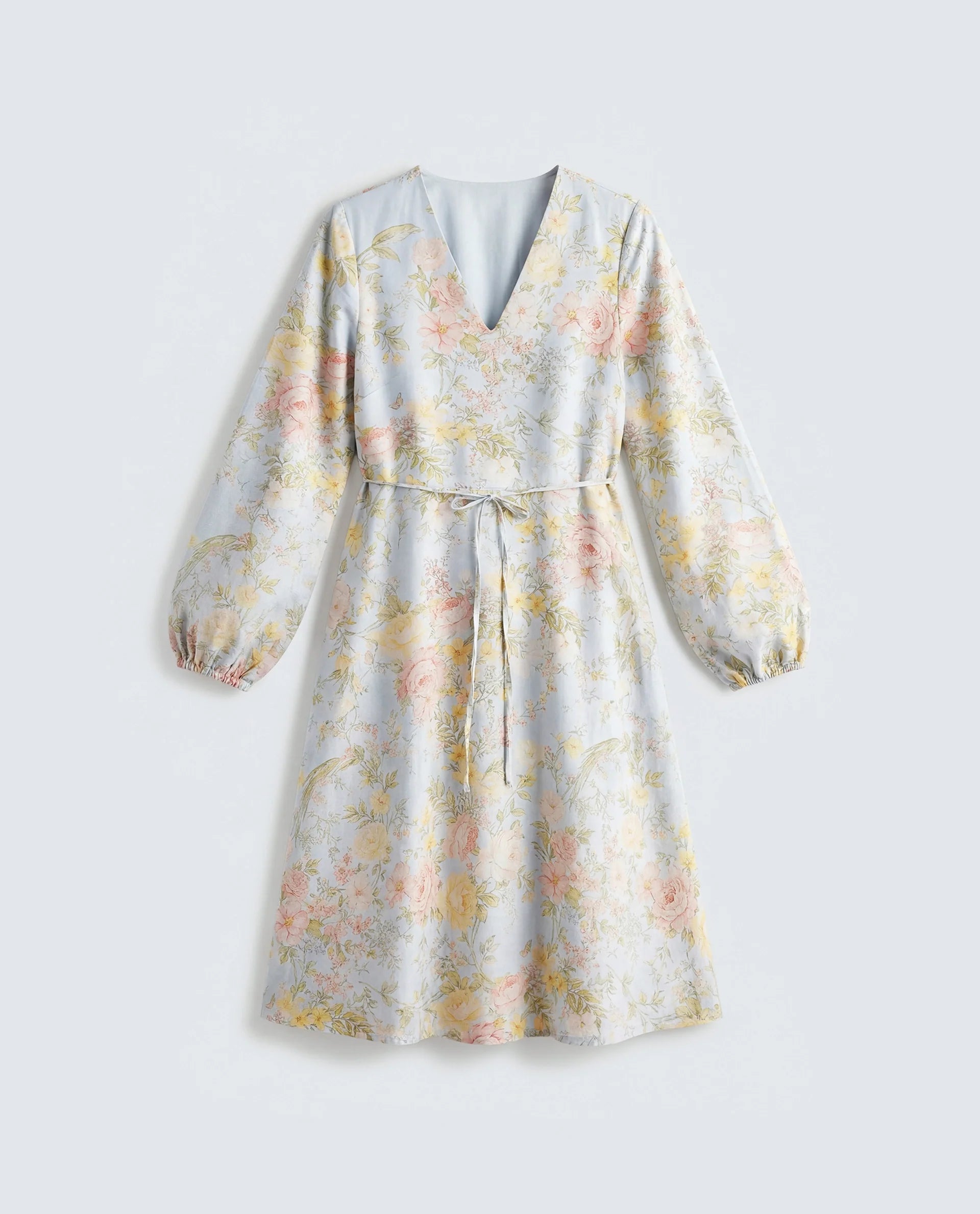 Rareism Women's Ruzim Pastel Blue Viscose Blend Fabric V-Neck Fit And Flare Floral Print Dress