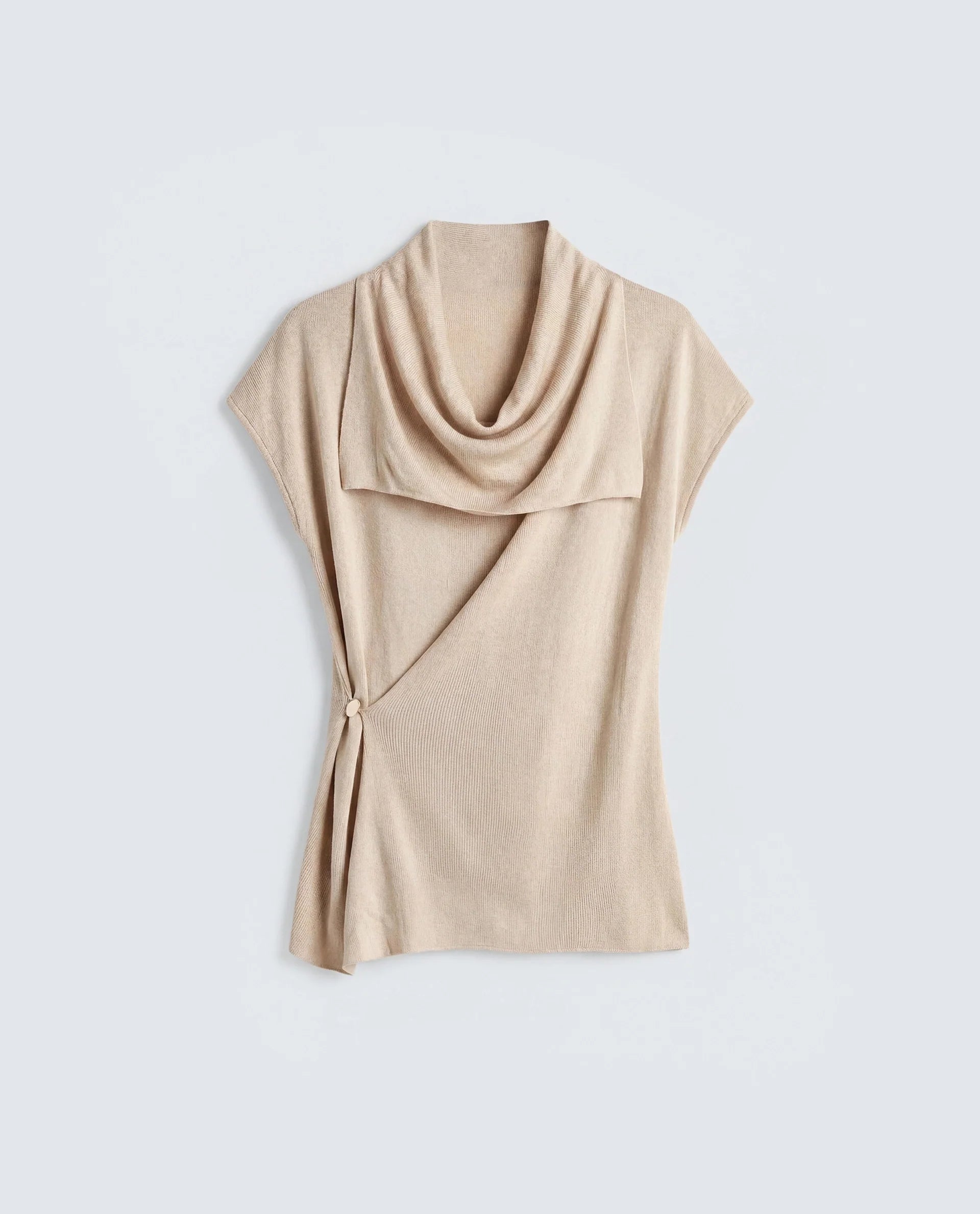 Rareism Women's Star Beige Viscose Blend Half Sleeve Cowl Neck Relaxed Fit Plain Top