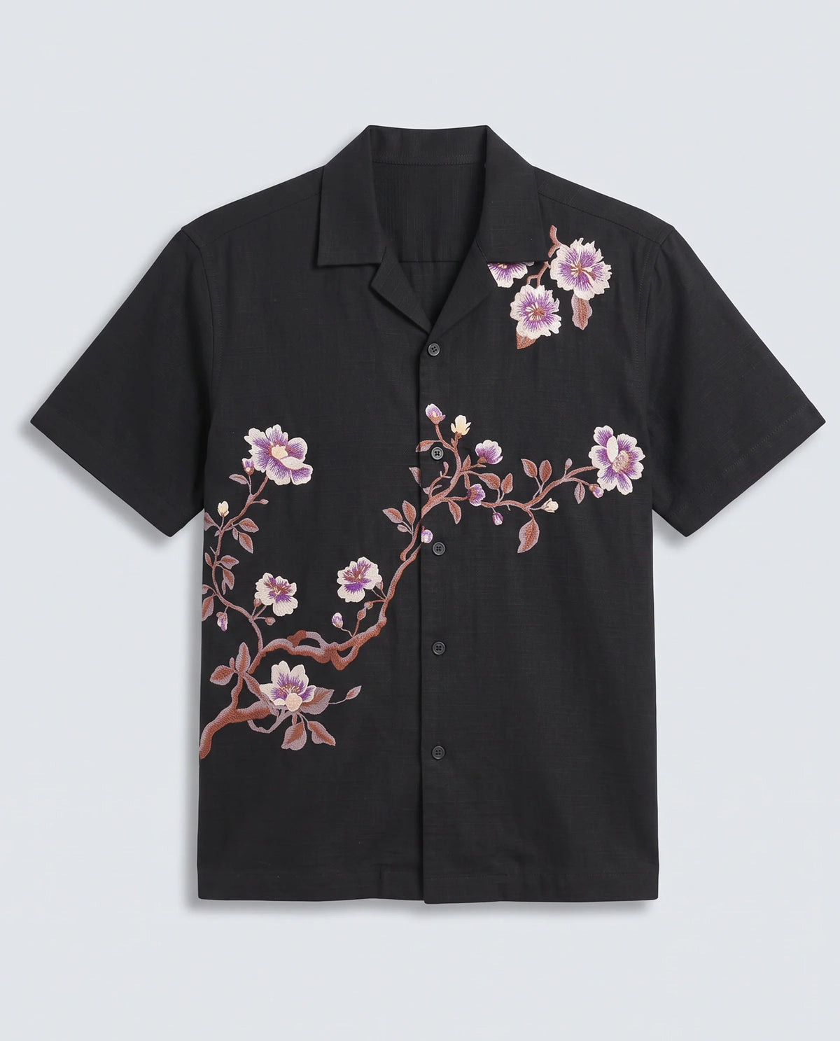 Rare Rabbit Men's Blig Black Cotton Blend Fabric Half Sleeve Cuban Collar Relaxed Fit Embroidered Shirt