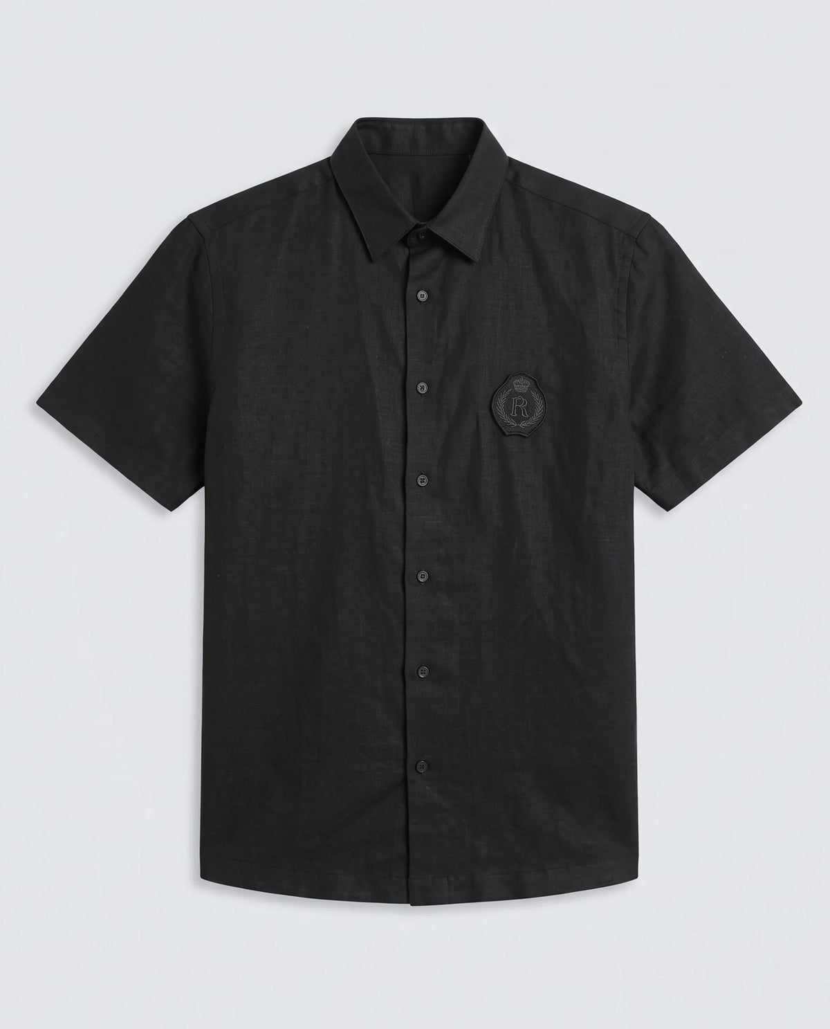 Rare Rabbit Men's Cine Ss Black Linen Blend Fabric Half Sleeve Spread Collar Regular Fit Plain Shirt