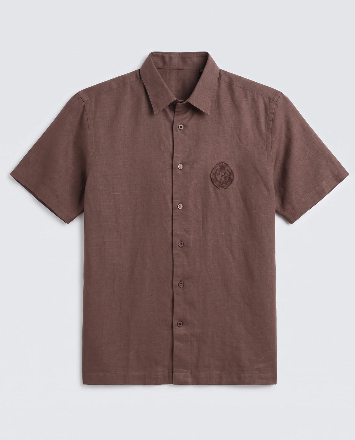 Rare Rabbit Men's Cine Ss Brown Linen Blend Fabric Half Sleeve Spread Collar Regular Fit Plain Shirt