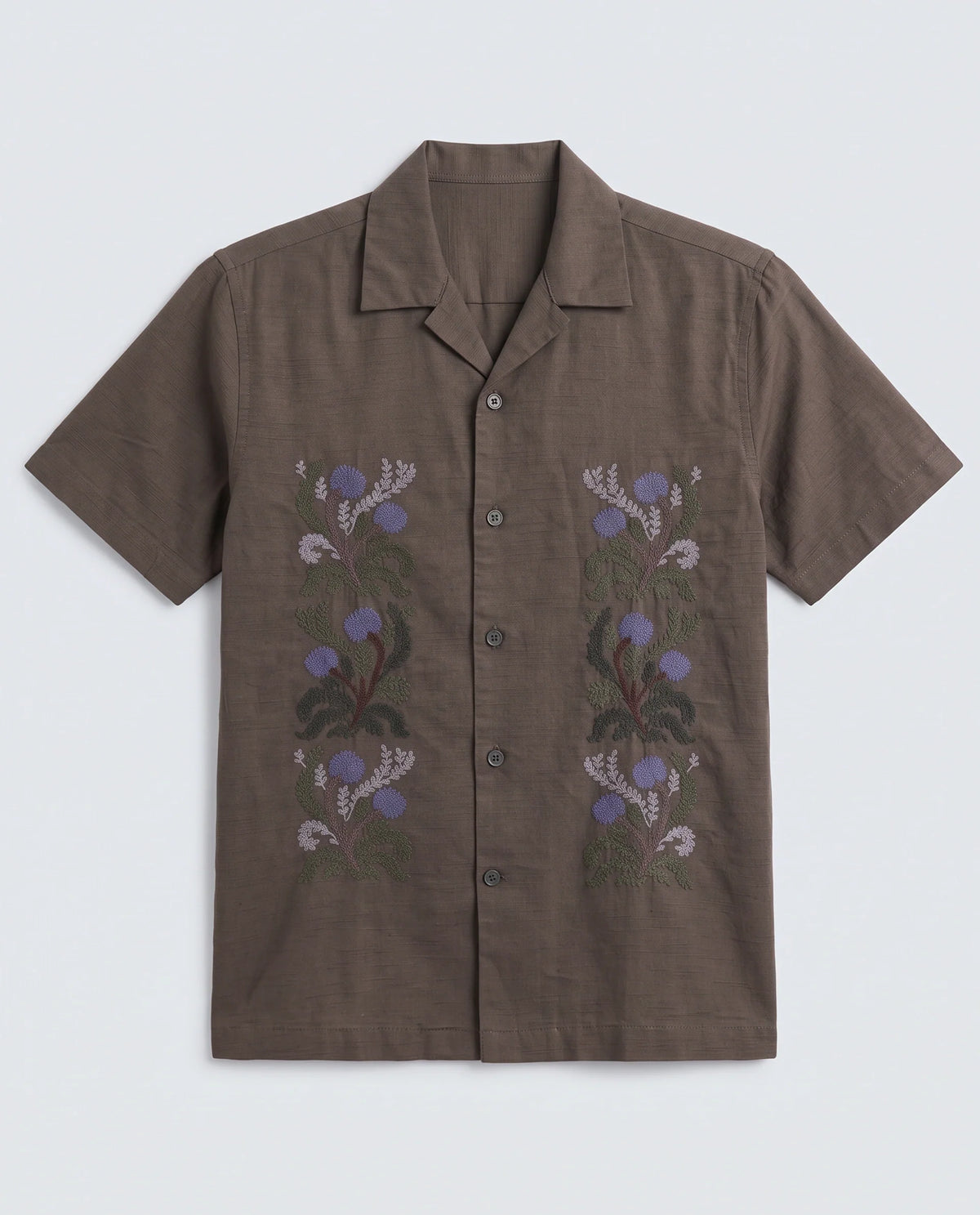 Rare Rabbit Men's Drof Dusky Olive Cotton Blend Fabric Half Sleeve Cuban Collar Regular Fit Embroidered Shirt
