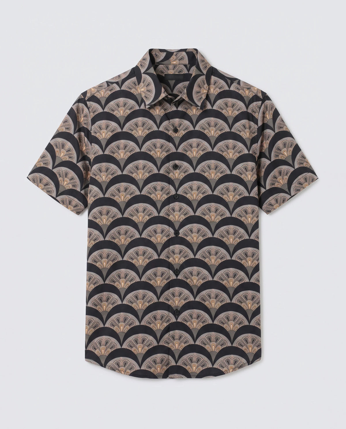 Rare Rabbit Men's Droz Black Viscose Fabric Half Sleeve Spread Collar Regular Fit Geometric Print Shirt