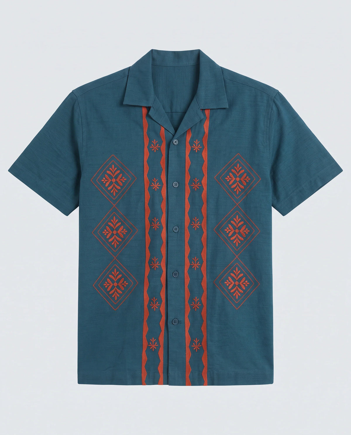 Rare Rabbit Men's Eron Dark Teal Linen Blend Fabric Half Sleeve Cuban Collar Relaxed Fit Embroidered Shirt