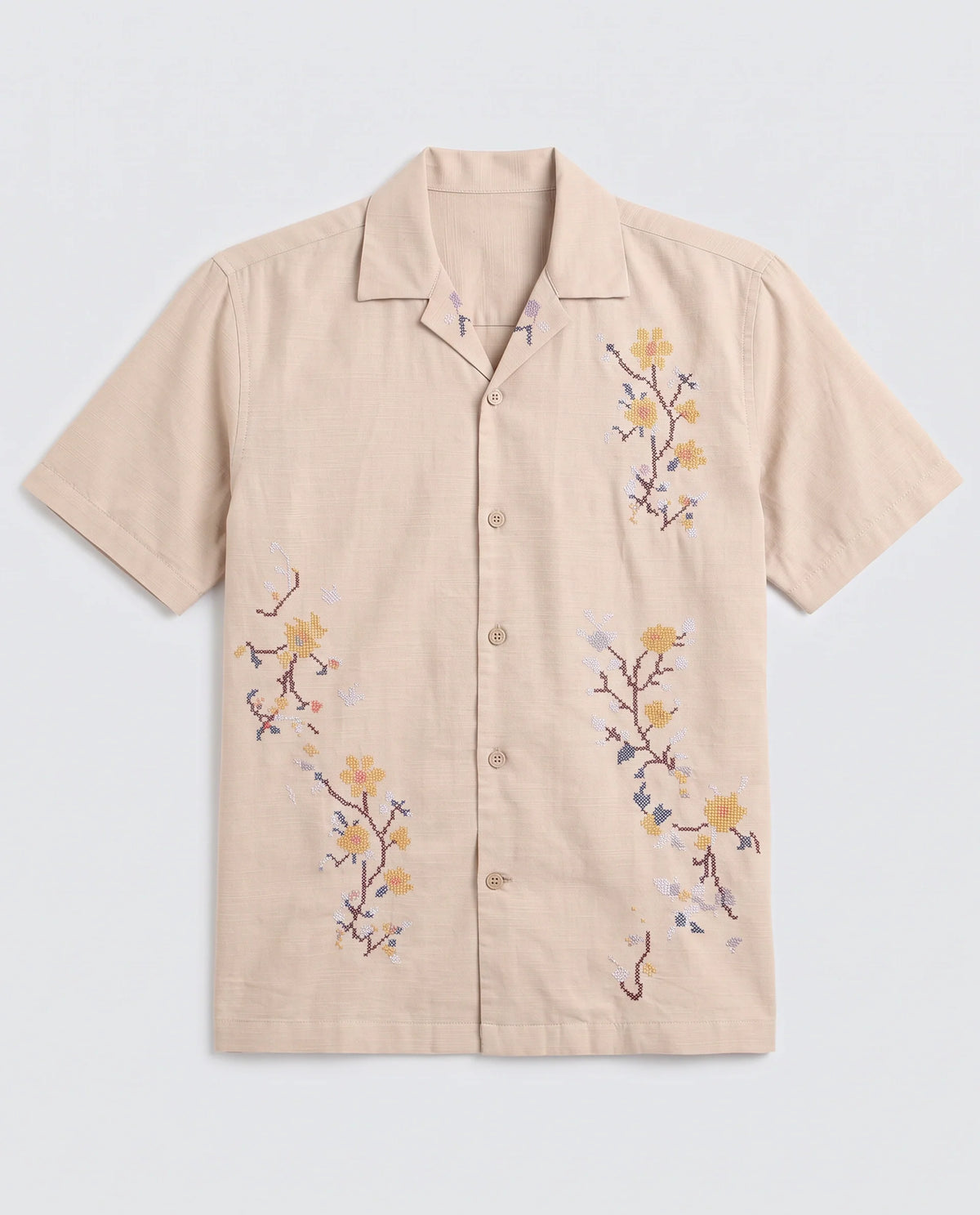 Rare Rabbit Men's Frot Dark Beige Linen Blend Fabric Half Sleeve Cuban Collar Relaxed Fit Embroidered Shirt