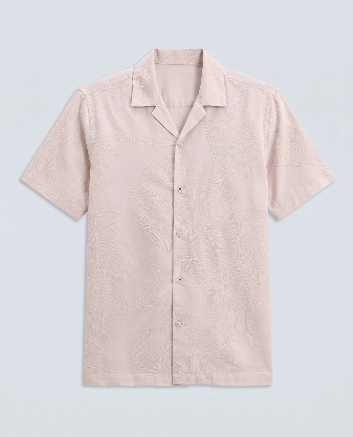 Rare Rabbit Men's Jaff-26 Beige Cotton Fabric Half Sleeve Cuban Collar Button Relaxed Fit Embroidered Shirt