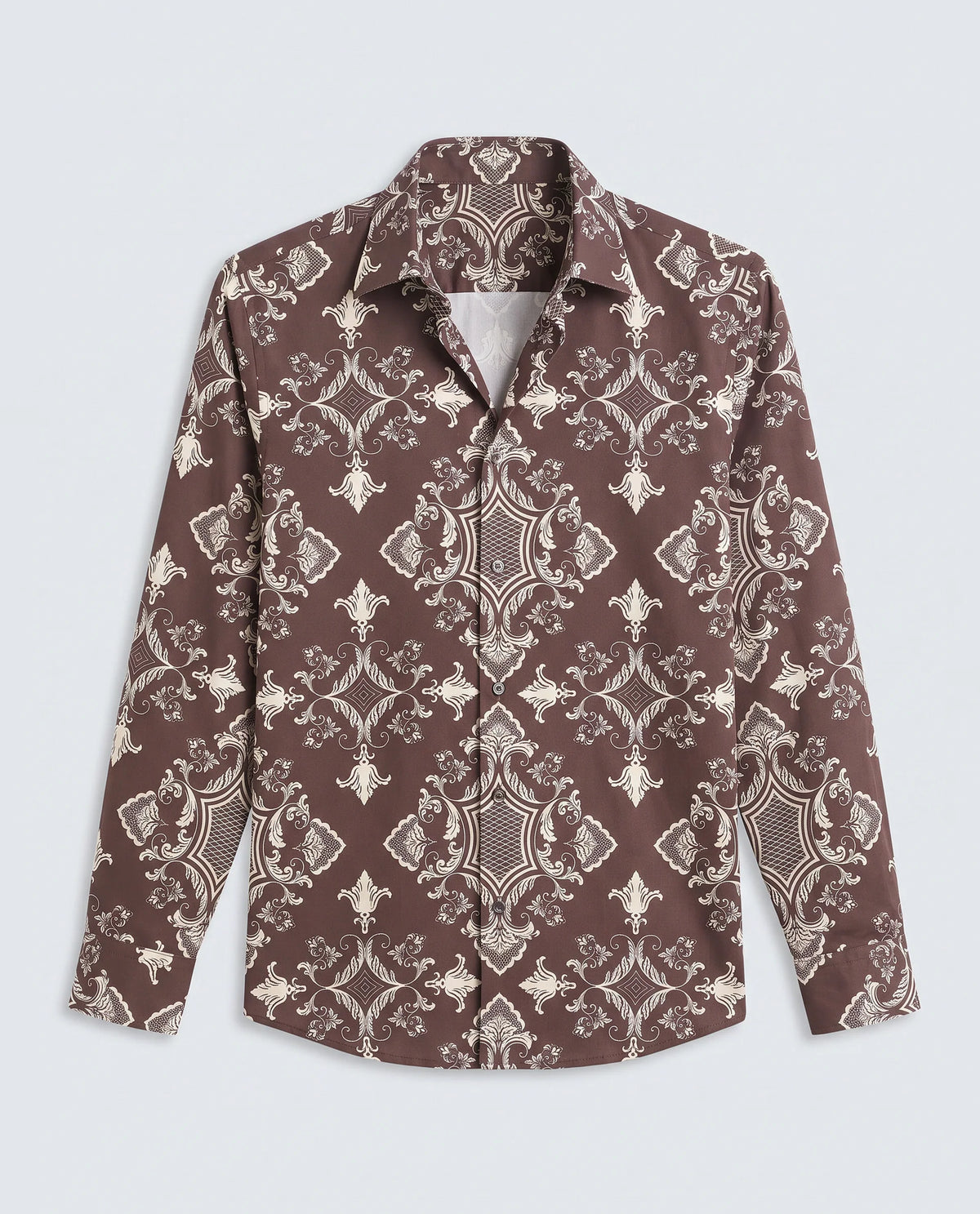 Rare Rabbit Men's Lagos Brown Cotton Blend Fabric Full Sleeve Regular Fit Ornate Print Shirt